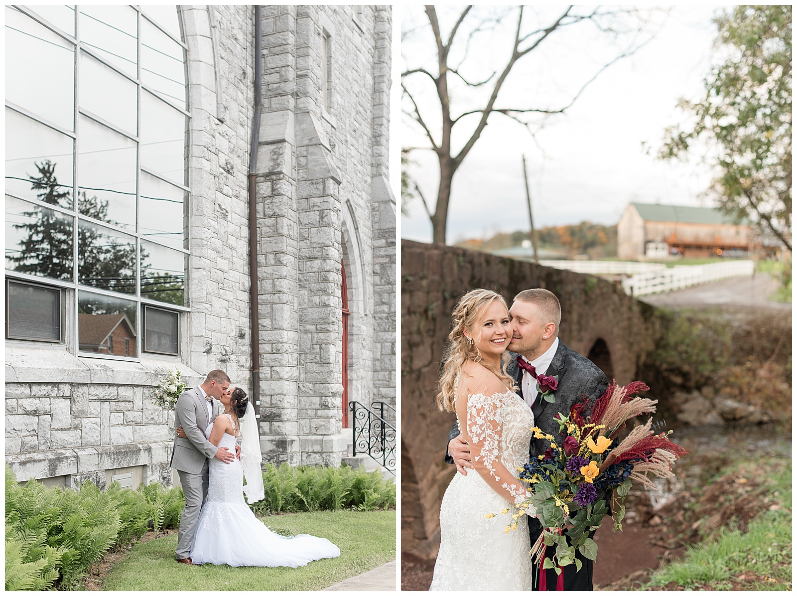groom and bride kissing outside beautiful stone church on bright day in pennsylvania