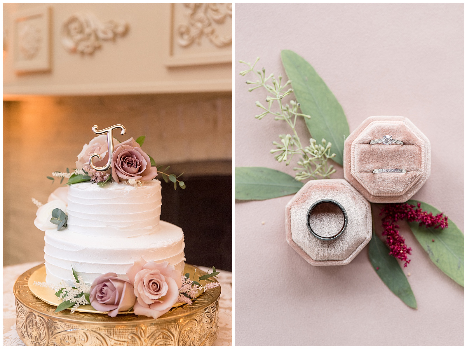 beautiful wedding cake with two layers and covered in mauve and pink roses
