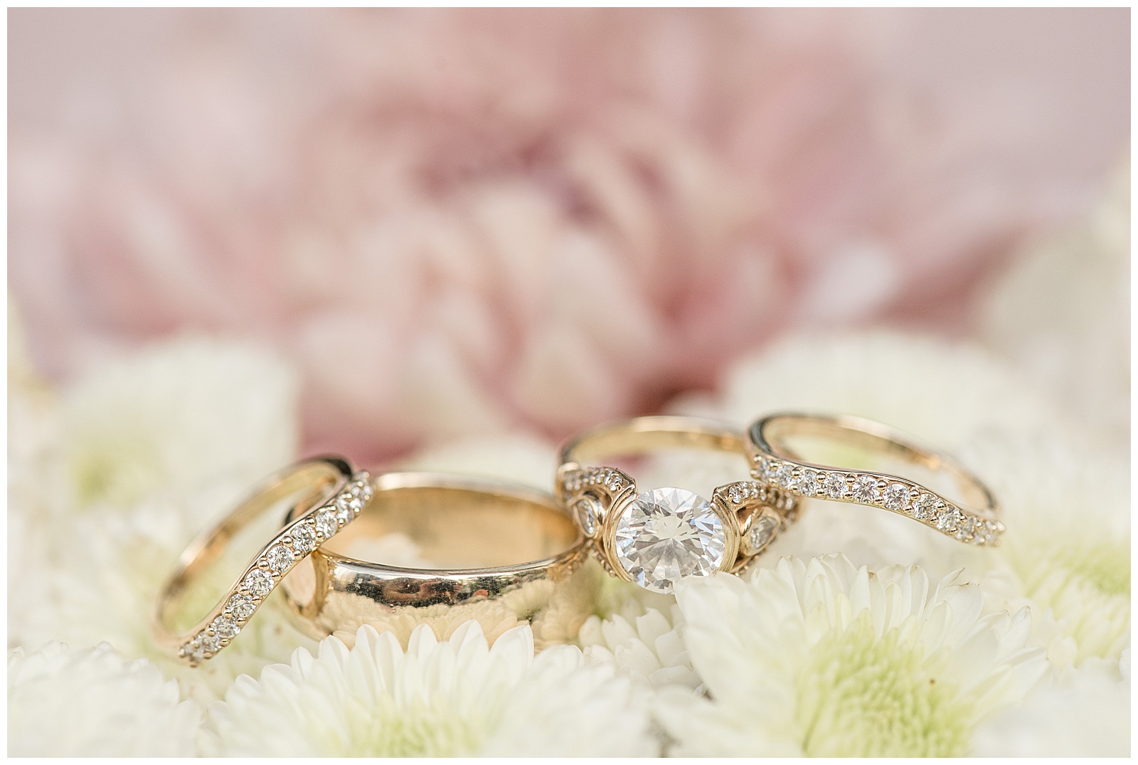 golden wedding rings and diamond ring laying atop ivory mums and light pink dahlia for this Central PA Farm Wedding
