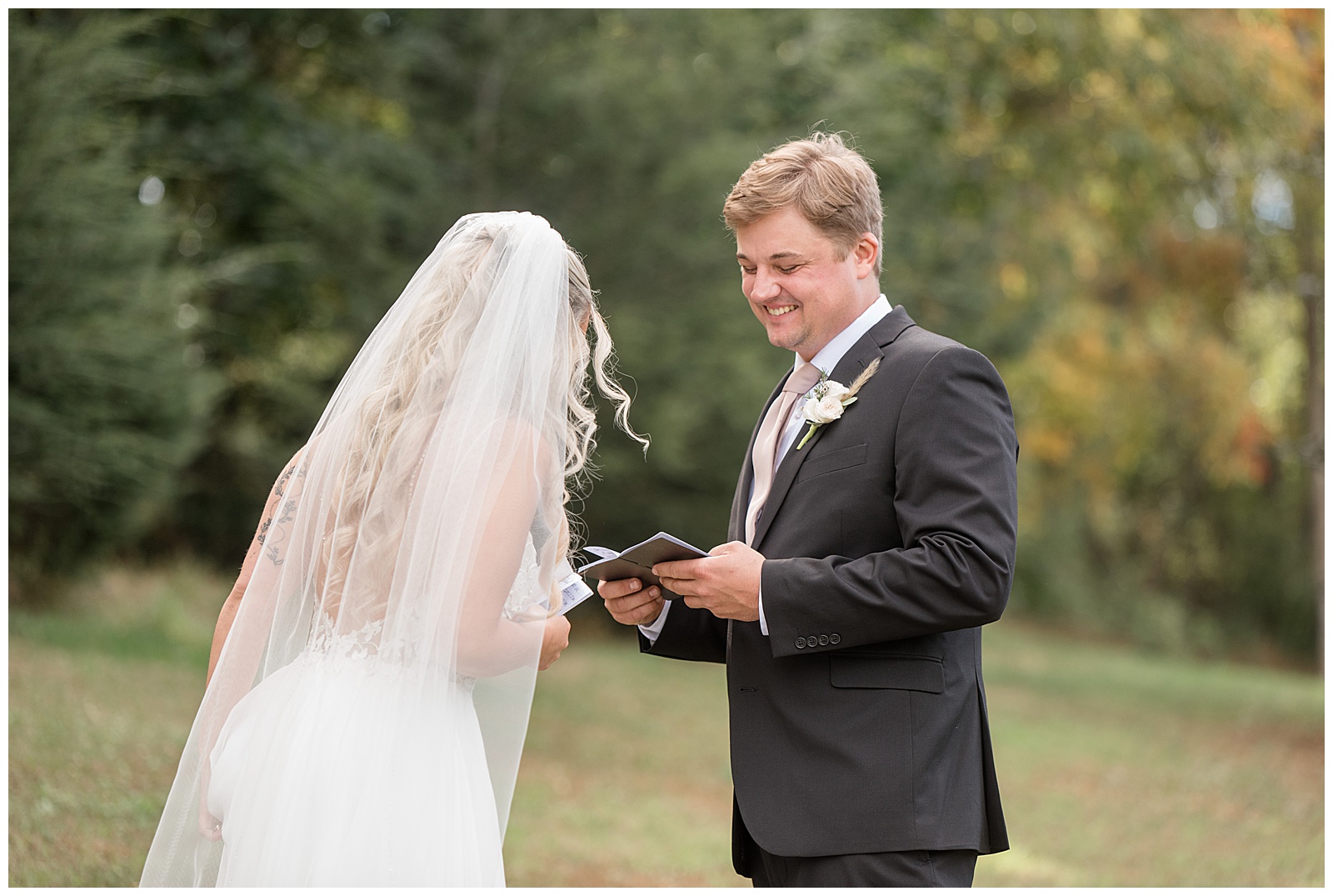 couple sharing their private vows before wedding ceremony for this Central PA Farm Wedding