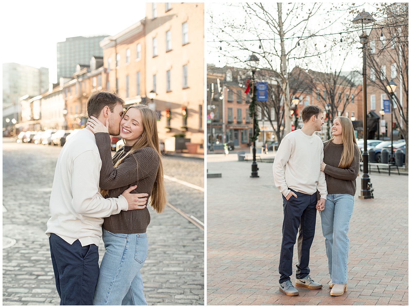 couple hugging as guy kisses girl's right cheek and also couple standing close at on street for this Fells Point Engagement Session