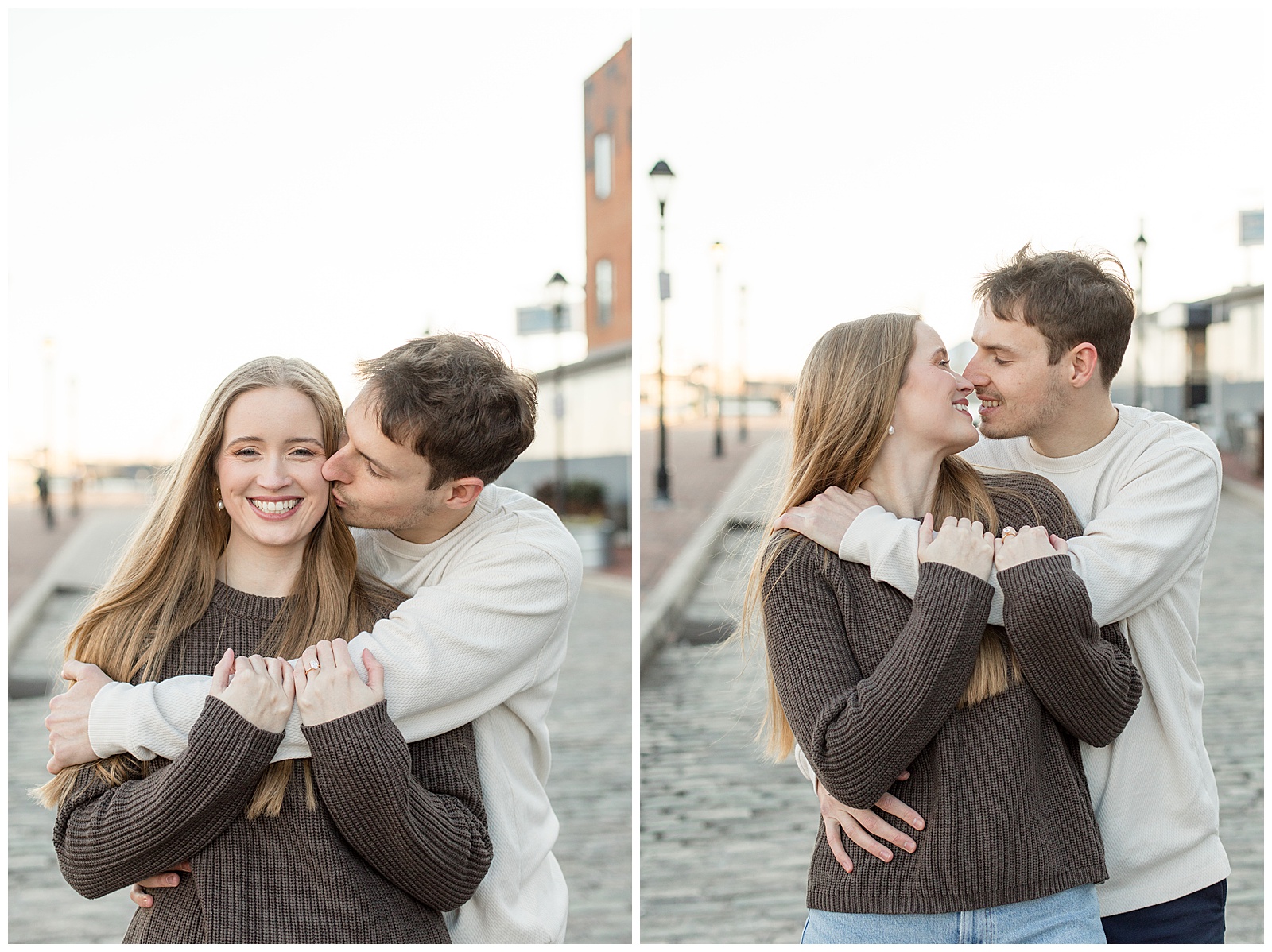 man kissing woman's cheek as he stands behind her and also couple hugging and almost kissing for this Fells Point Engagement Session