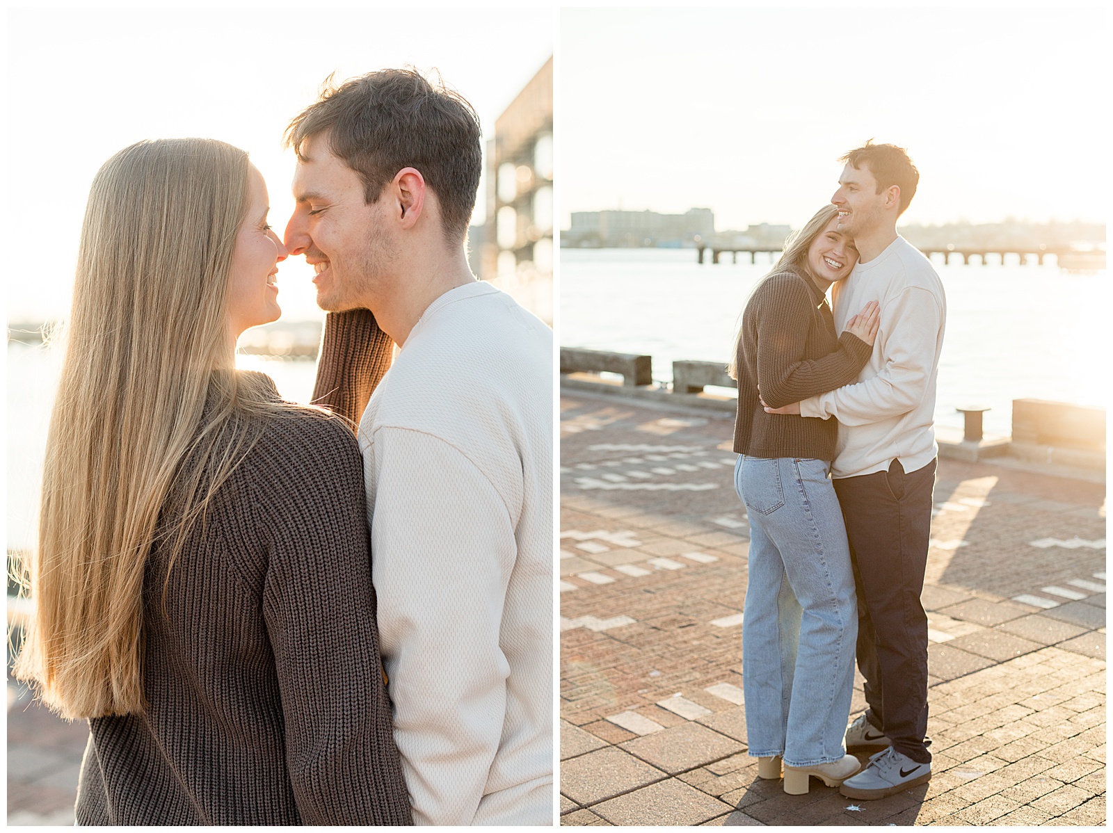 couple with this noses touching at sunset and also couple hugging by bay for this Fells Point Engagement Session