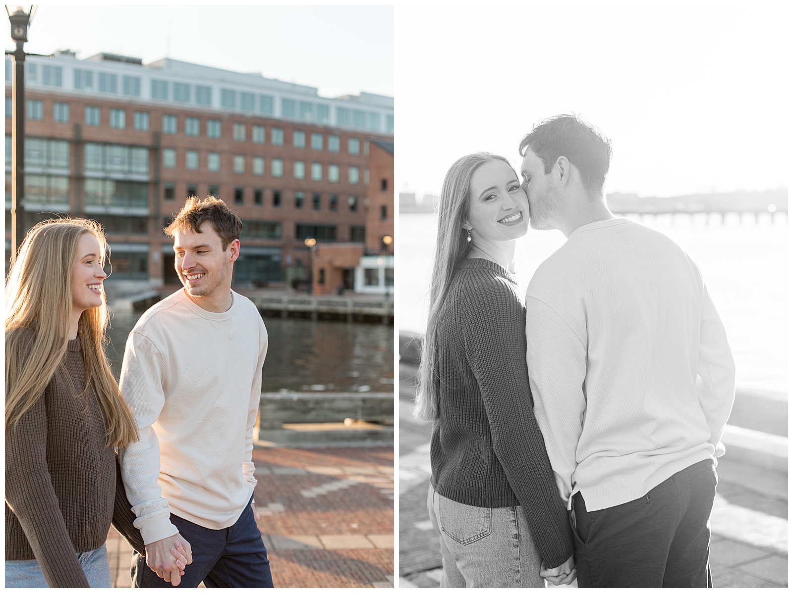 couple holding hands and walking and also black and white photo of guy kissing girl's cheek for this Fells Point Engagement Session