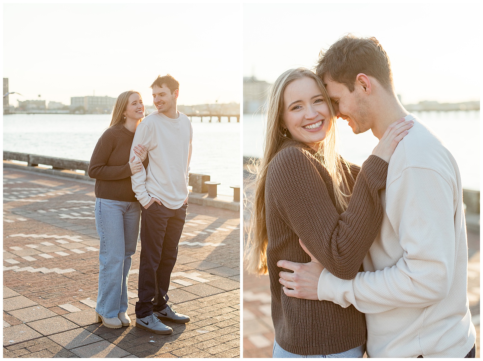 woman standing behind man as he looks back at her and also couple hugging at sunset for this Fells Point Engagement Session