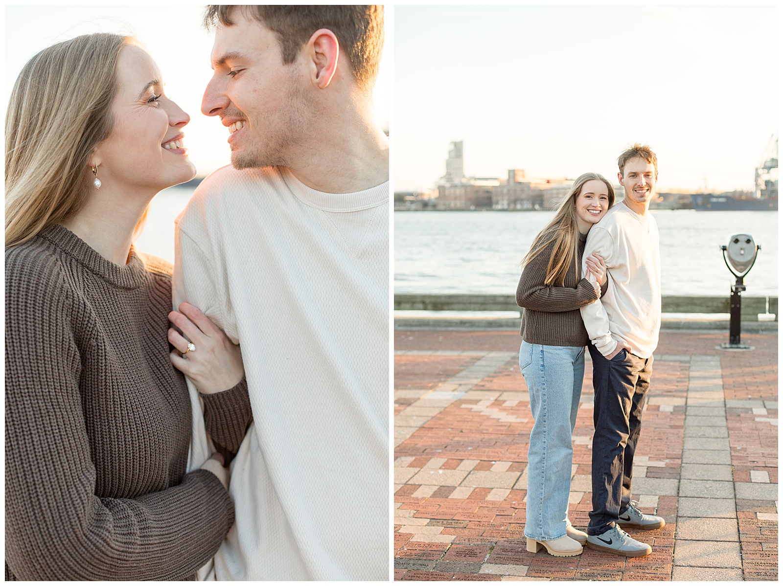 woman holding onto man's right arm at sunset and also woman hugging man from behind for this Fells Point Engagement Session