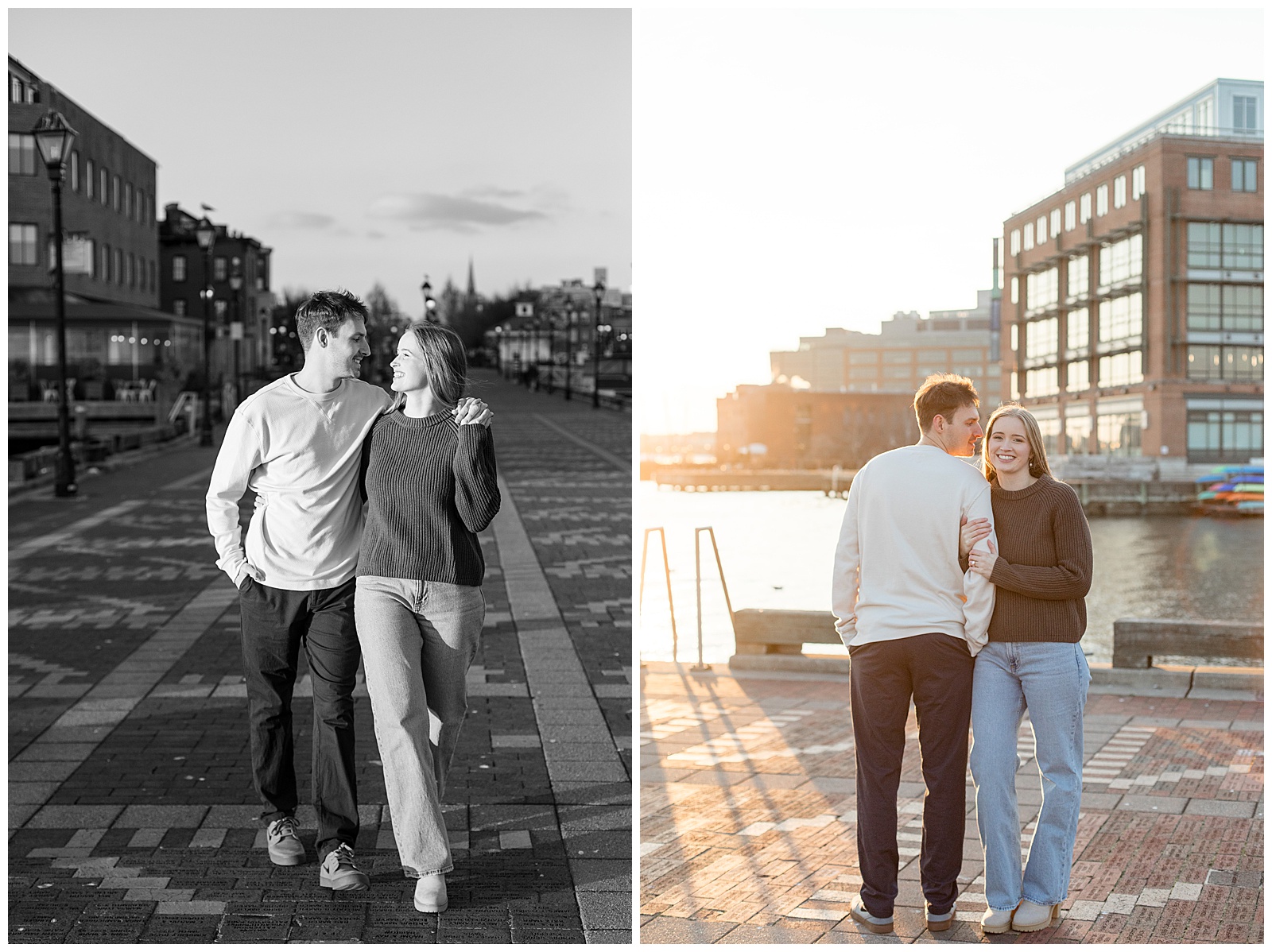 black and white photo of couple walking and looking at each other and also couple standing close with guy's back to camera for this Fells Point Engagement Session