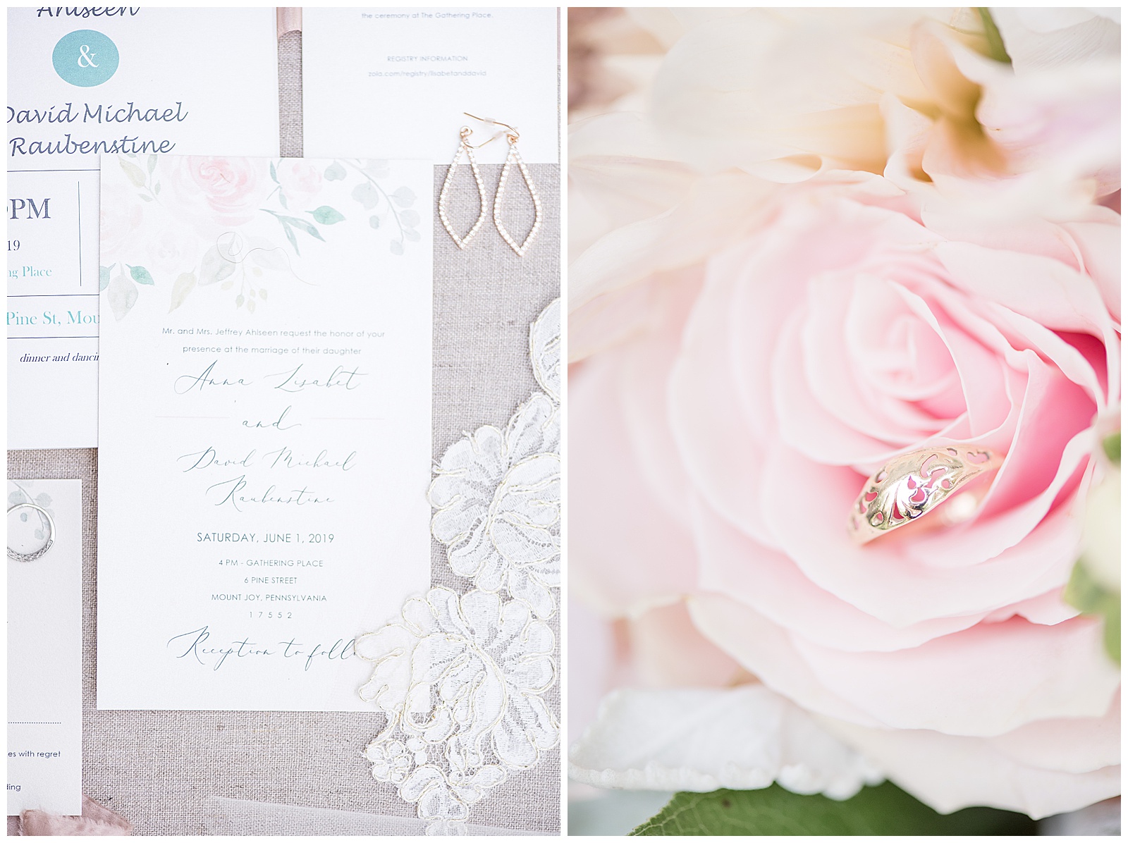 A bride's grandma's ring in a flower and the wedding invitations