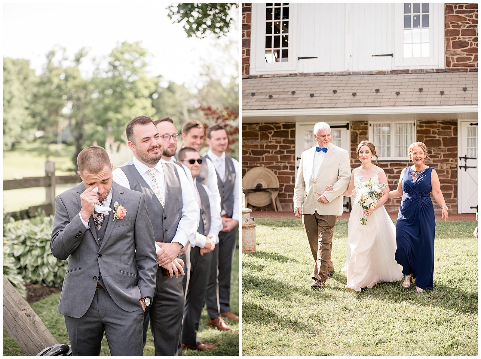 grooms reaction as bride walks down aisle with mom and dad