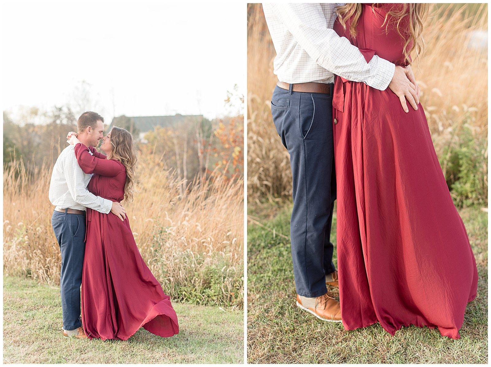 engagement session for couple and she is in long flowly red dress and he is in blue pants with white button up