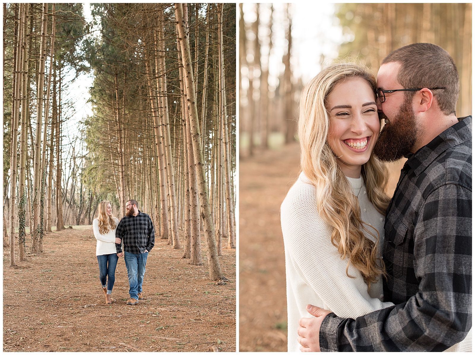 engagement session in a forest of pine trees, couple walking hand and hand