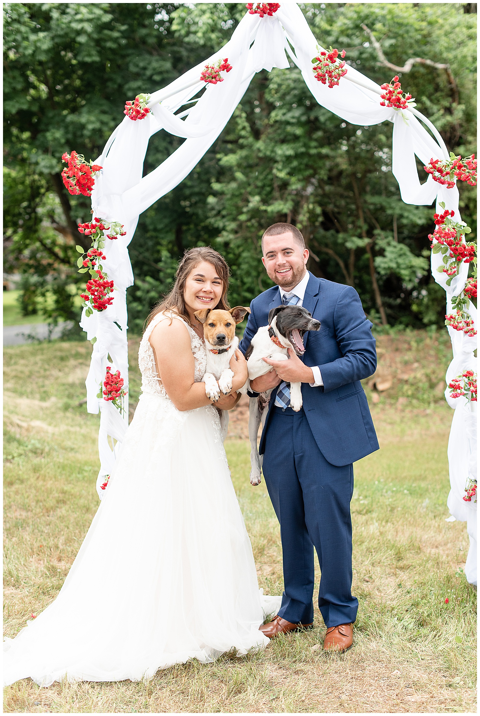 bride and groom holding two puppies during bride and groom portraits