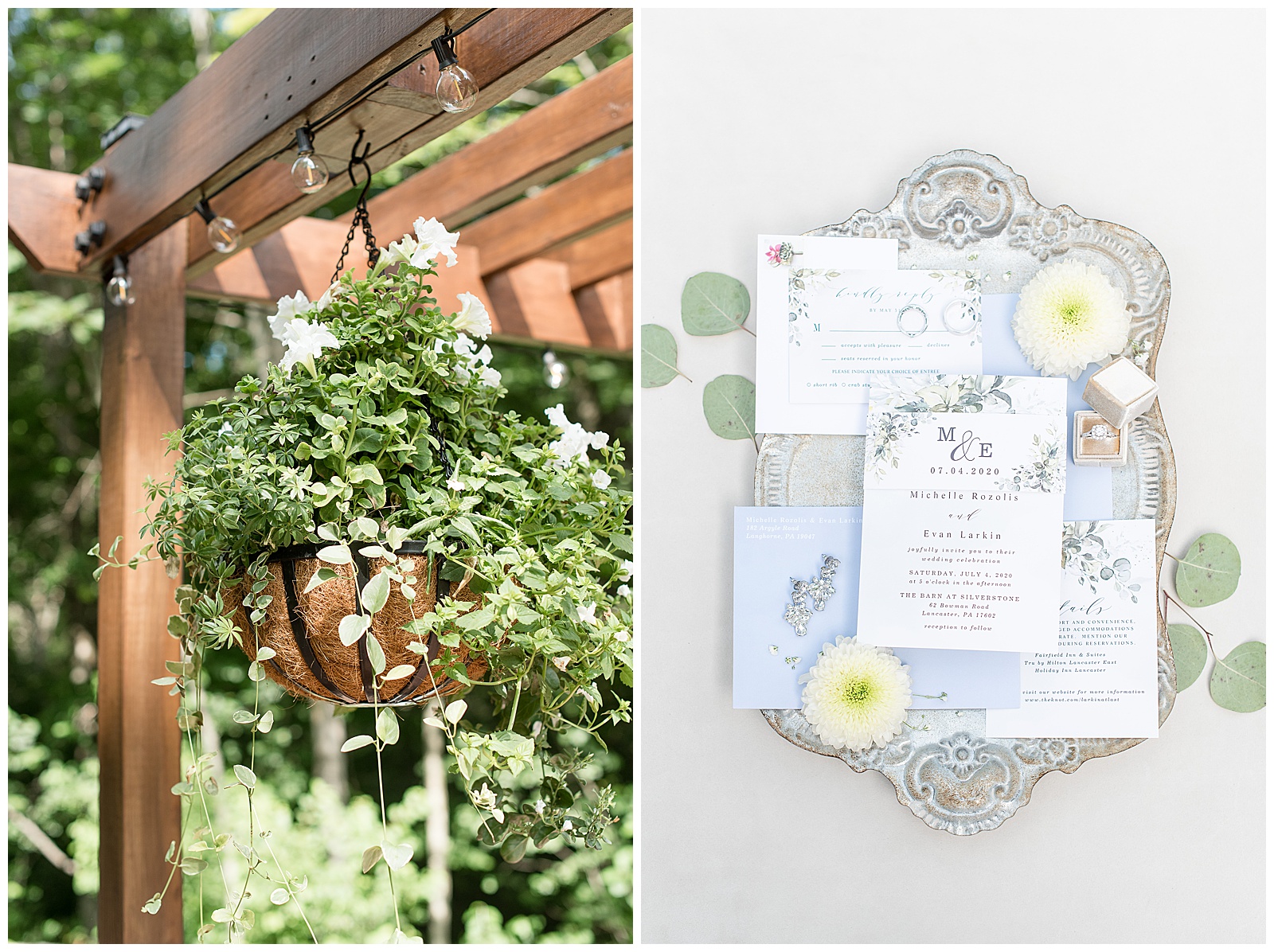 wedding details on metal tray and basket of white florals