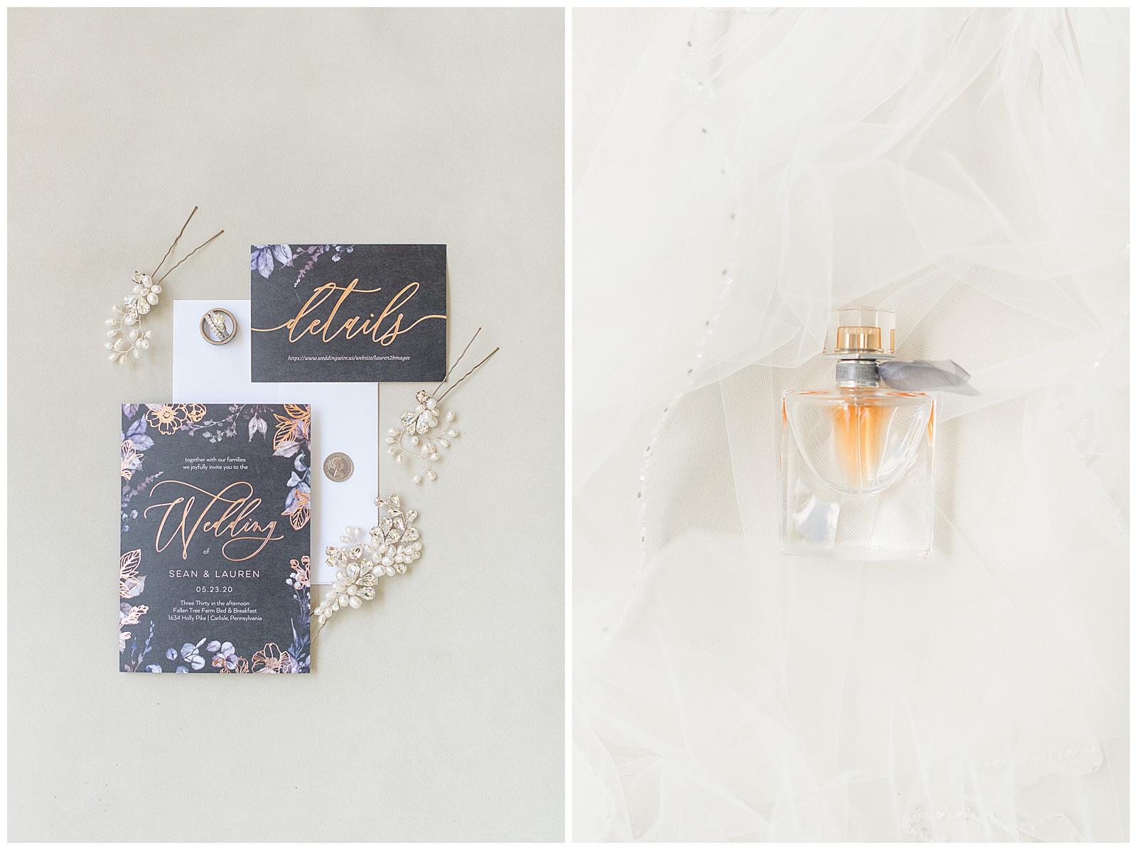 wedding invitation and perfume, wedding details