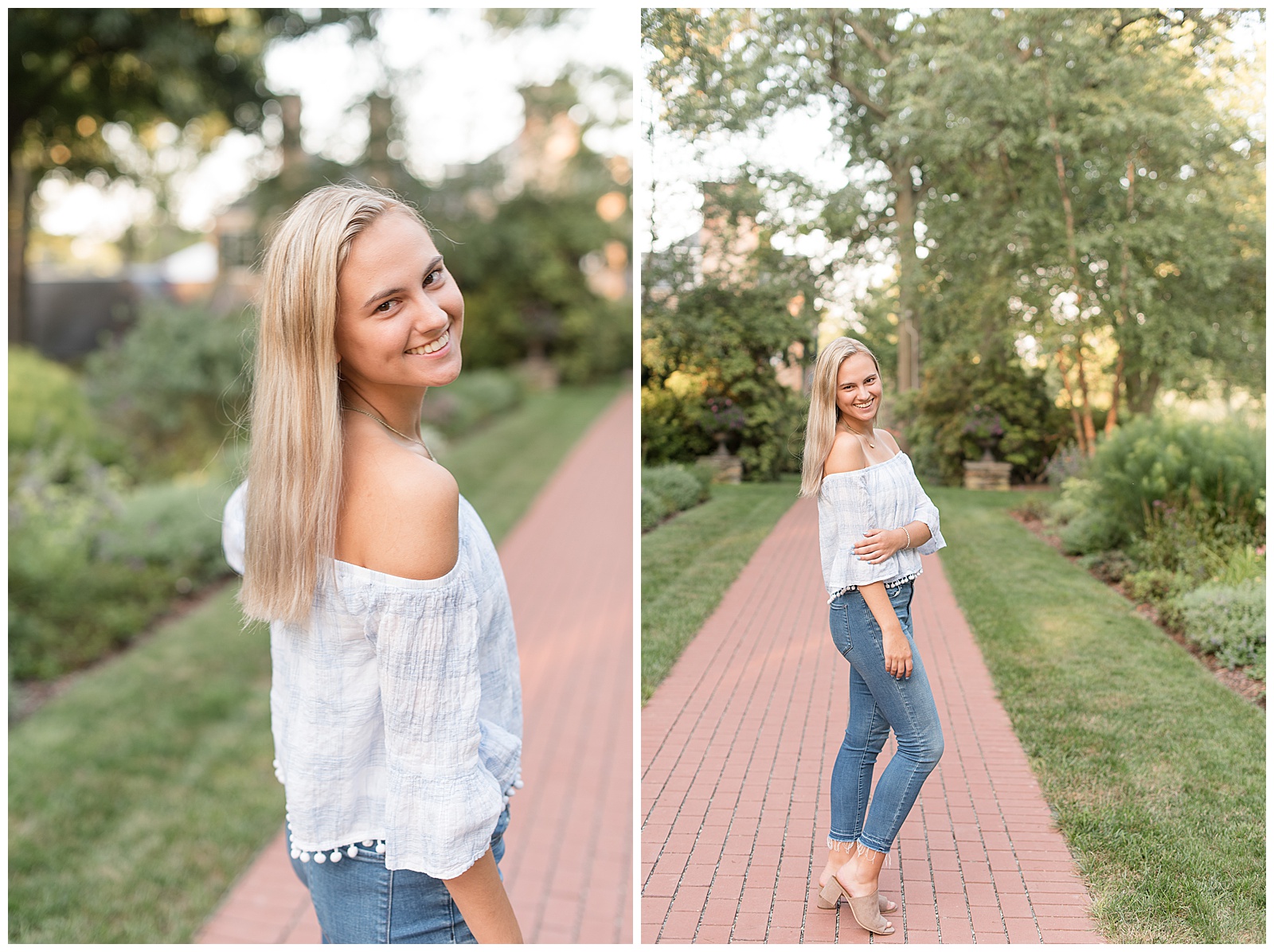 senior session at Drumore Estate with senior smiling to camera while standing on brick path
