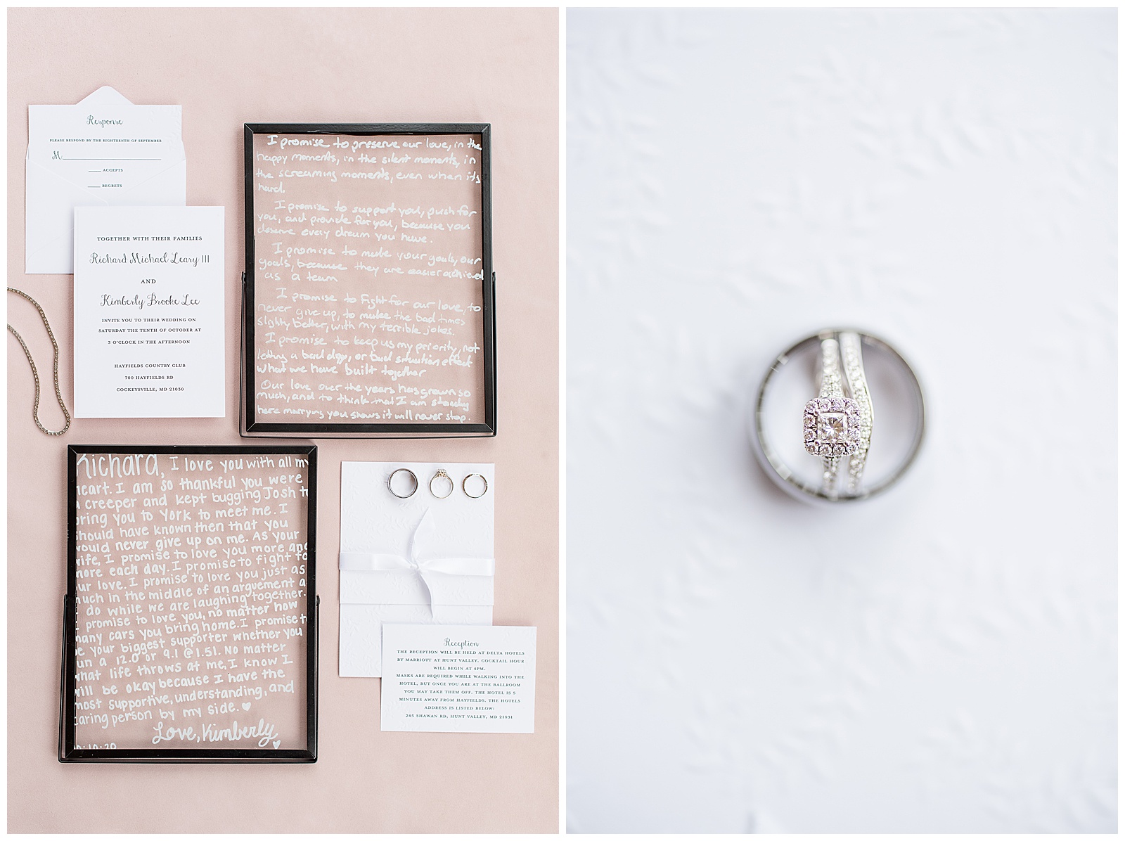 wedding invitation and vows with bride and grooms wedding rings