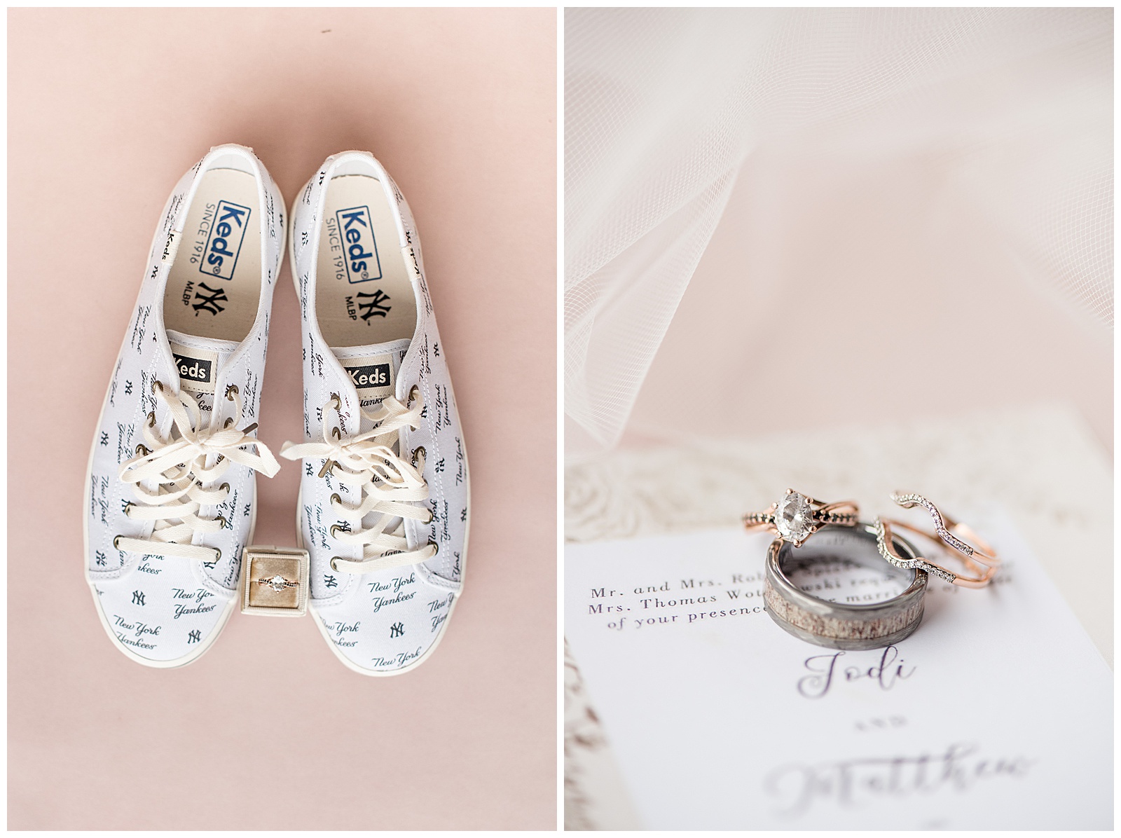 invitation and wedding rings and bride's keds sneakers displayed on blush background