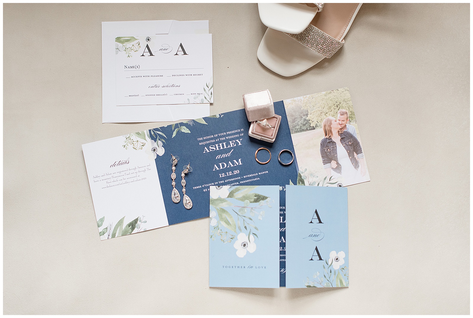 shades of blue wedding invitations and bride and groom rings and brides accessories