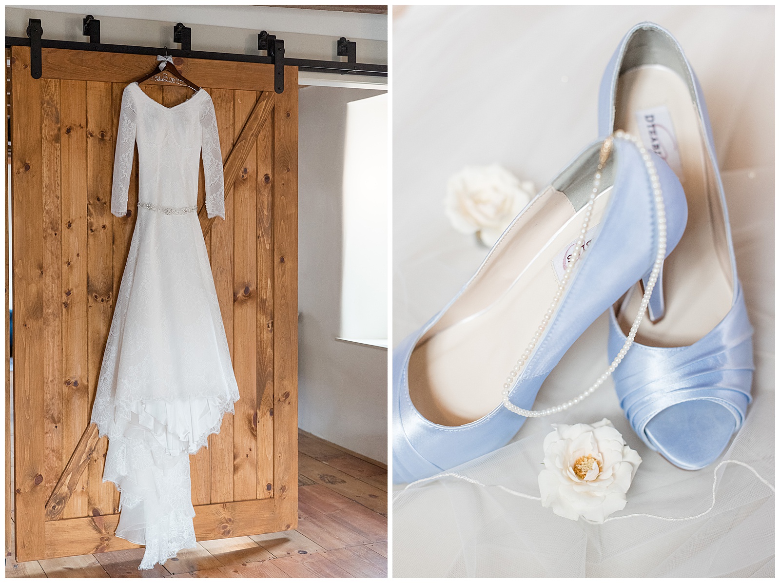 bridal gown and light blue high heels displayed in bridal suite