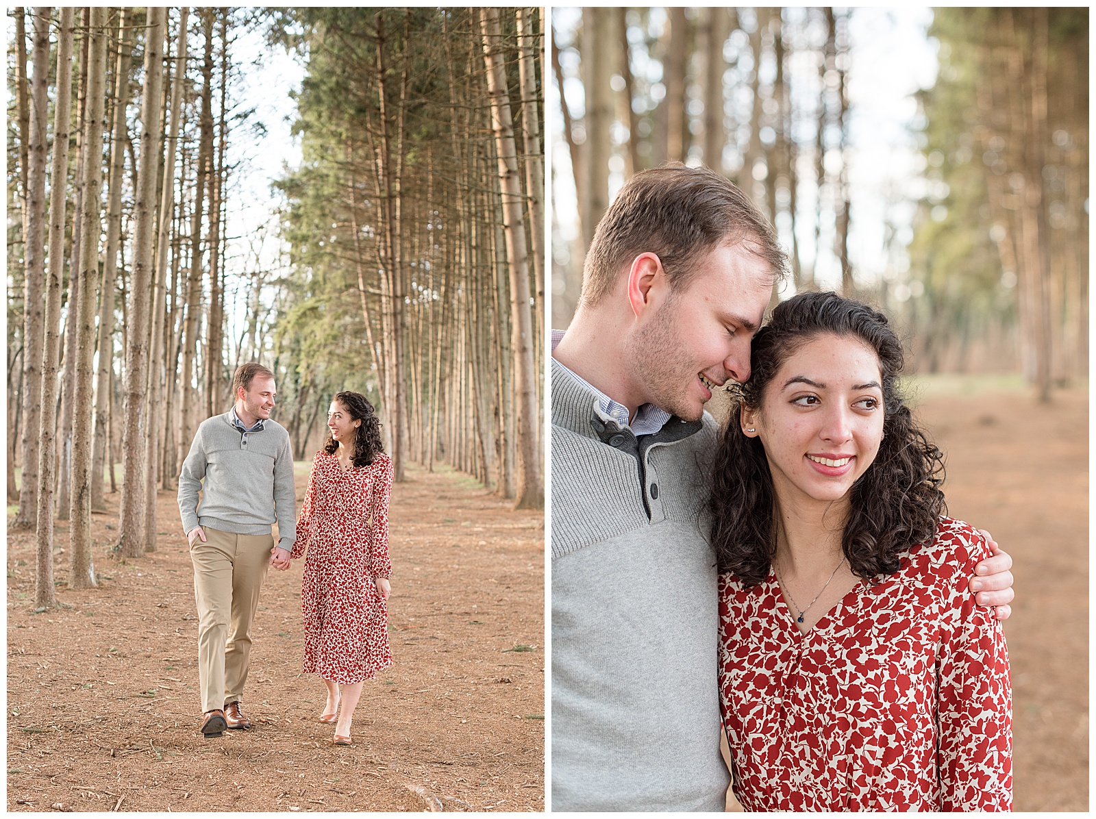 couple stands close together smiling between rows of tall pine trees at park