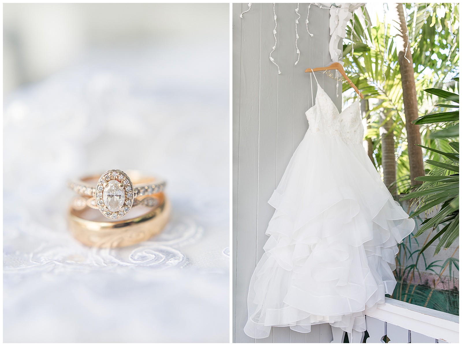 gold wedding rings and white ruffled wedding gown on display against white background