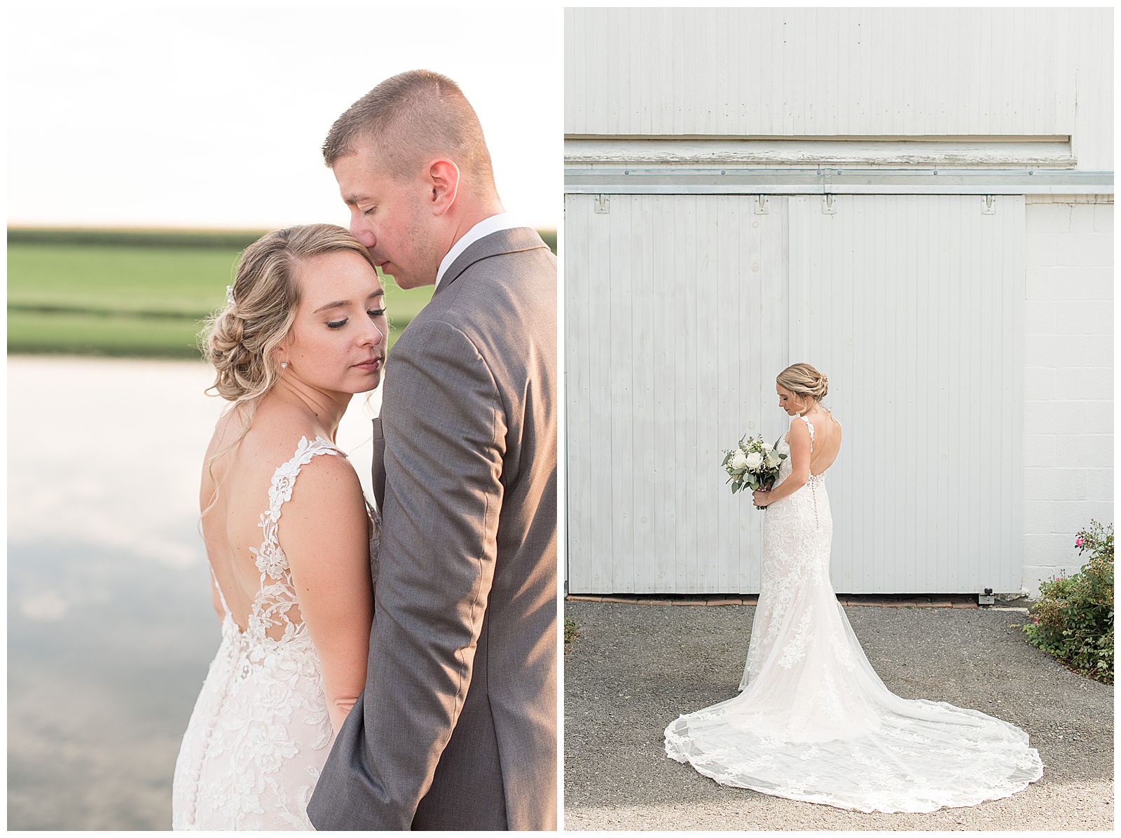 rustic white barn with sliding doors and gorgeous pond surrounded by farm fields at Lakefield Weddings