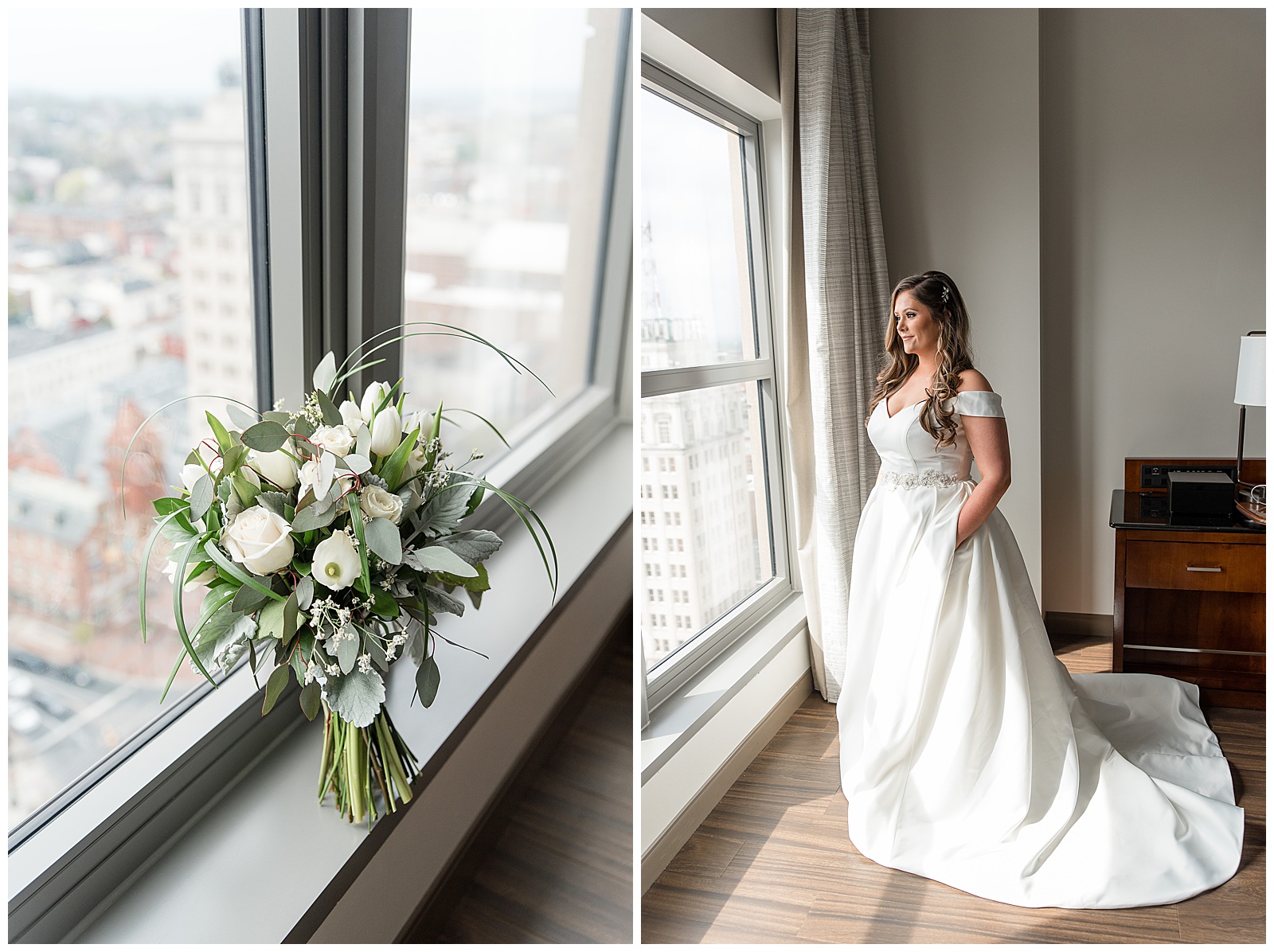 bride looking out large window in hotel room with bridal bouquet on display on window ledge