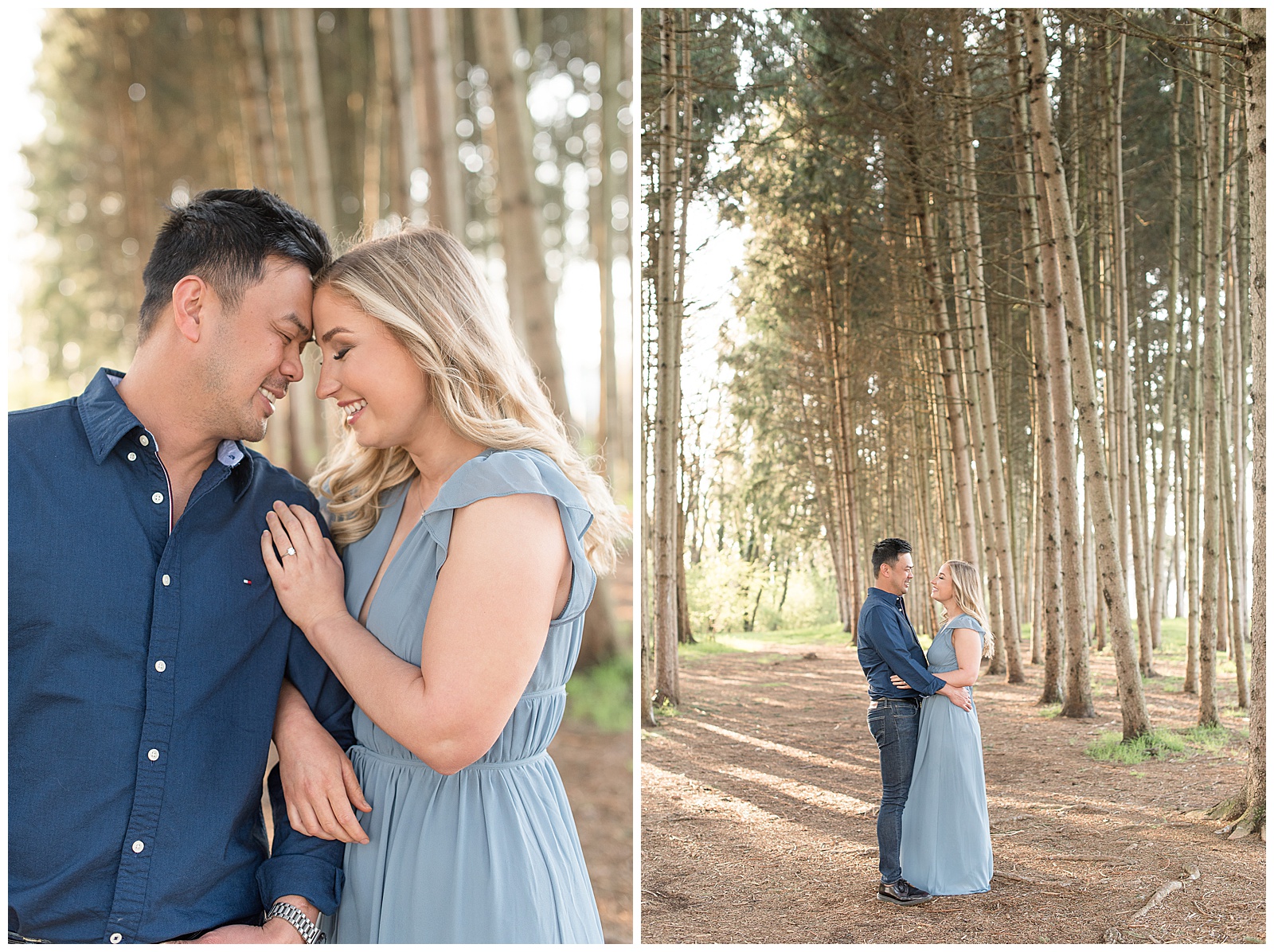 couple hugging among grove of tall pine trees with sunlight brightly shining through behind them