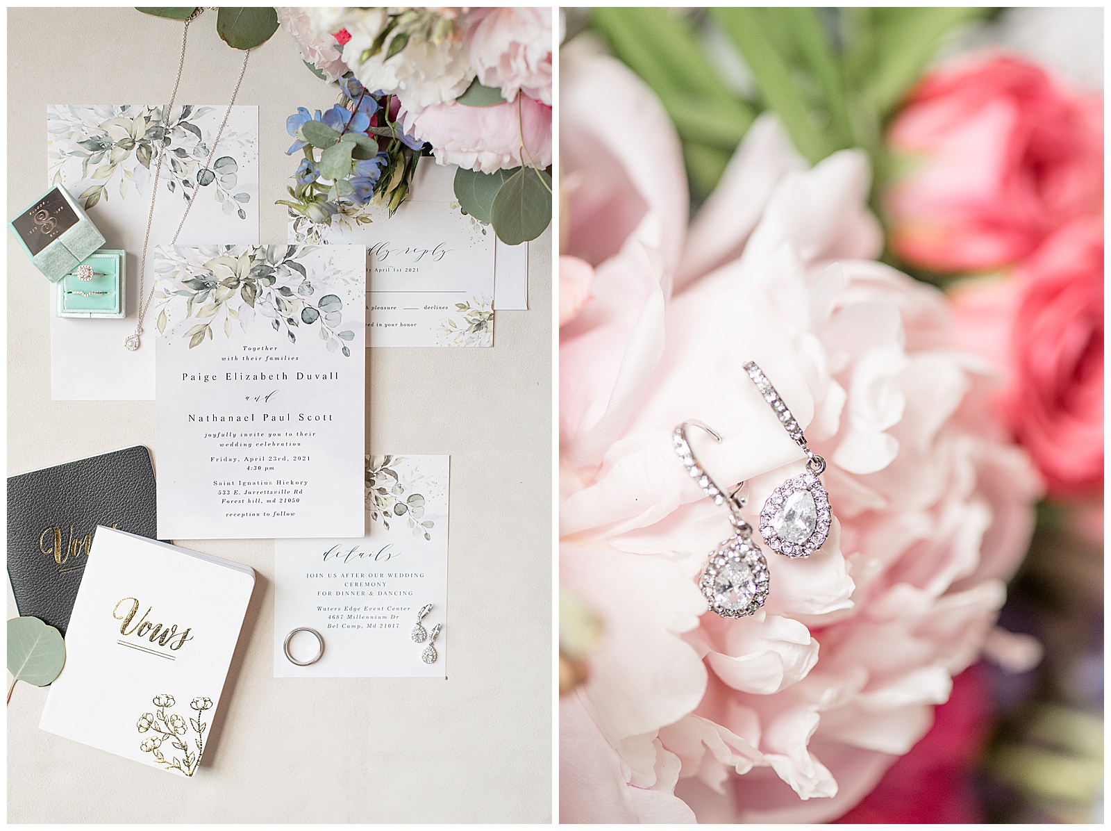 wedding invitation, rings, and diamond earrings on display and surrounded by beautiful spring flowers