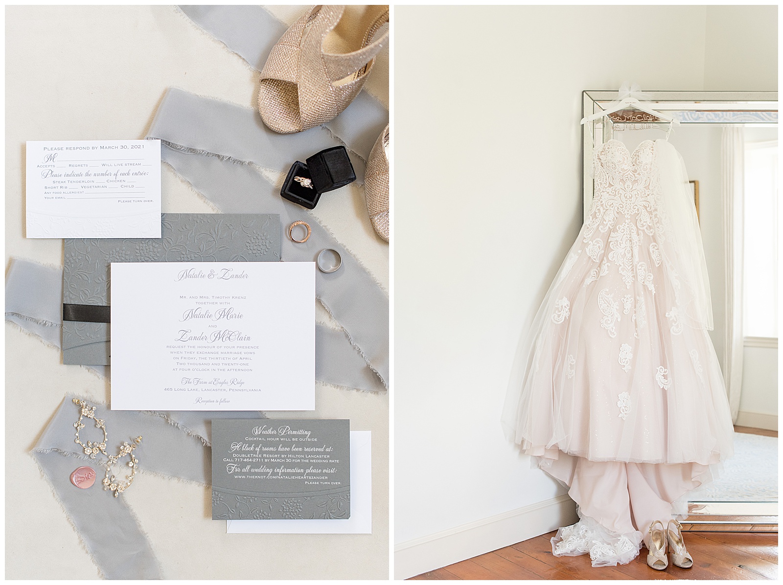 bridal gown displayed along with wedding invitation and rings and other accessories