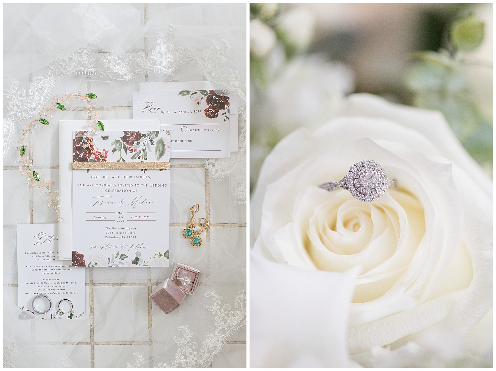 beautiful wedding invitation and diamond engagement ring on display surrounded by fresh flowers