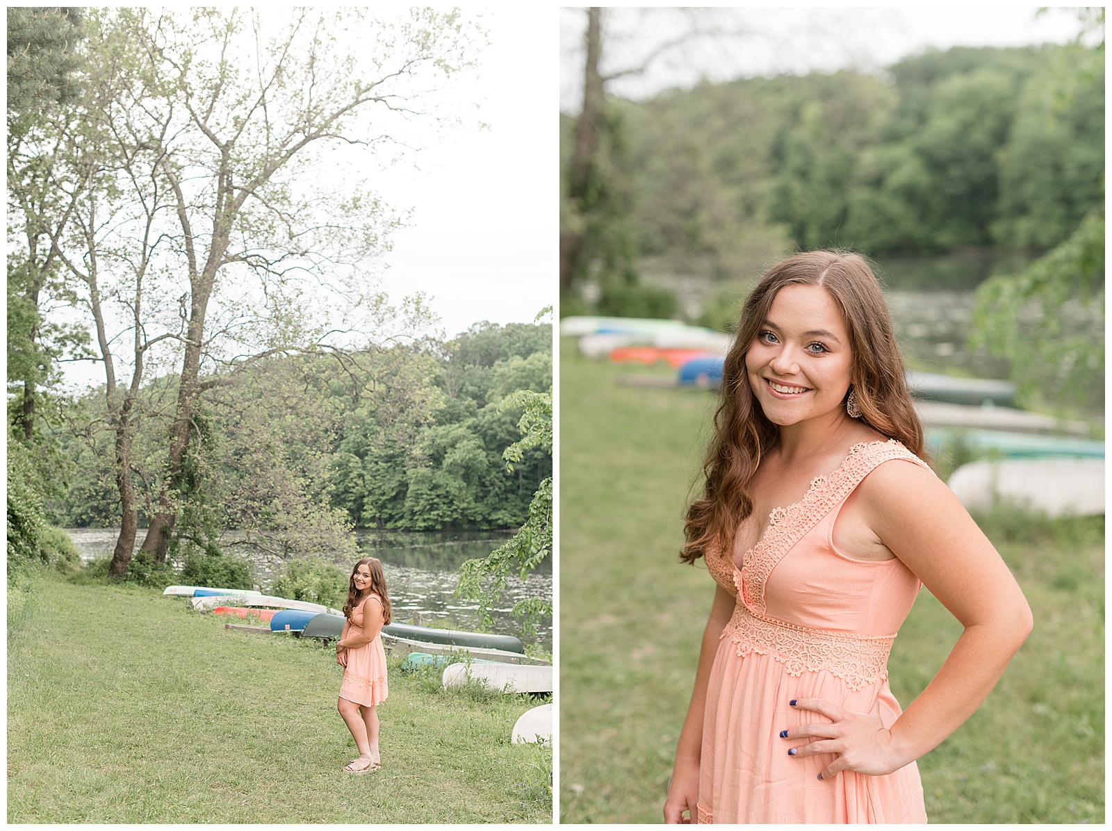 senior girl in peach colored spring dress next to speedwell forge lake and row of colorful canoes