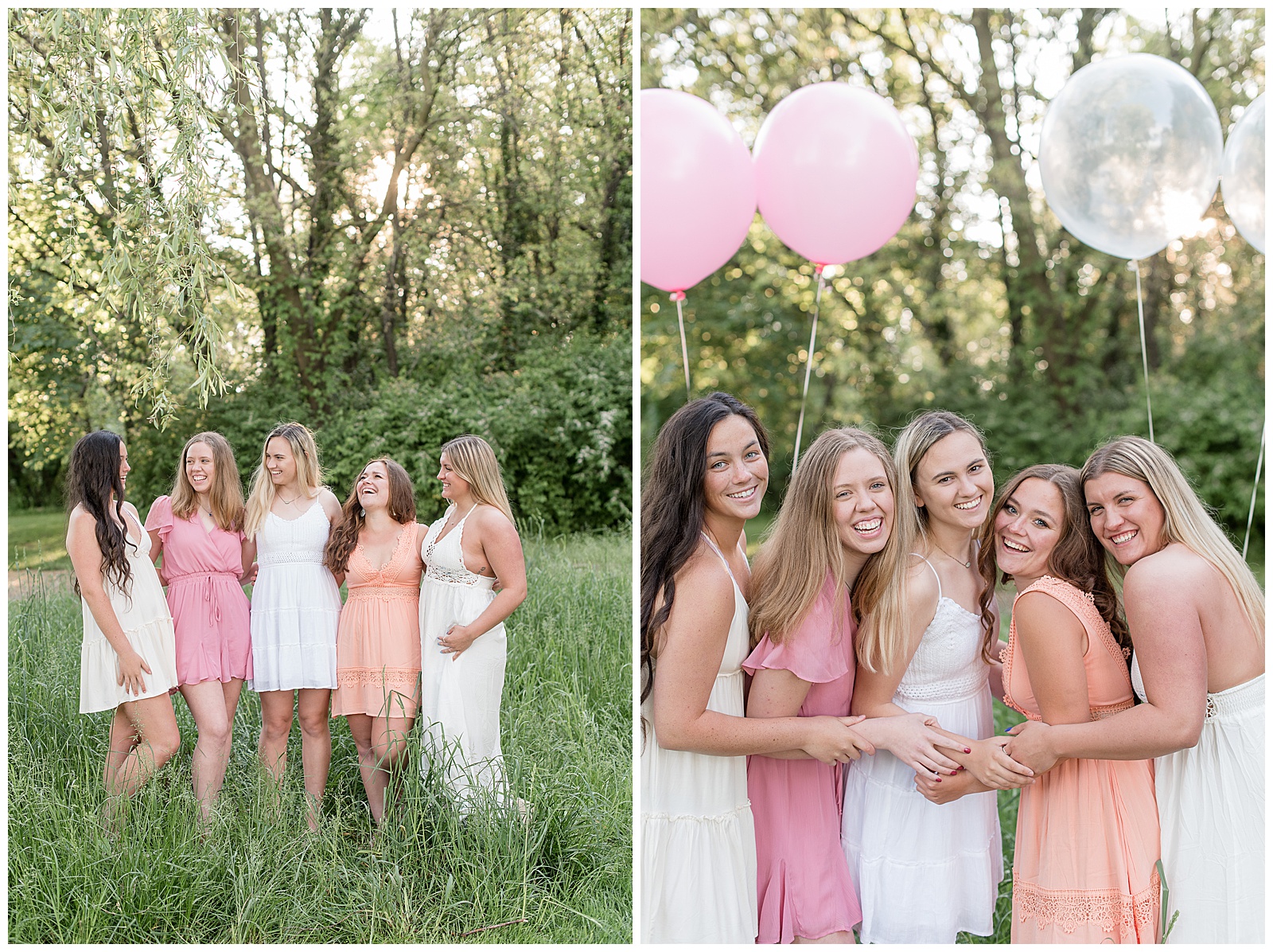 five senior girls standing close together in tall grasses wearing white, light pink, and peach spring dresses 
