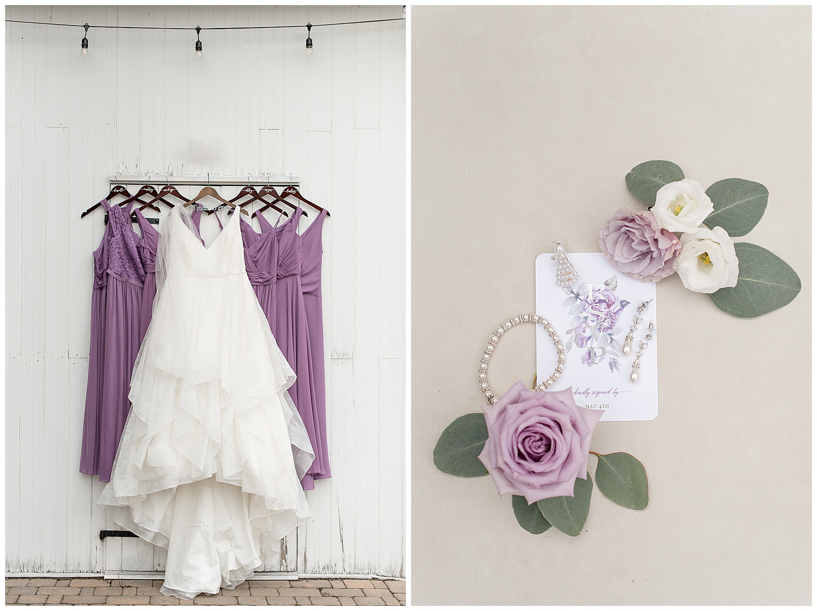 sleeveless white wedding gown hanging on white barn wall alongside lavender bridesmaid dresses