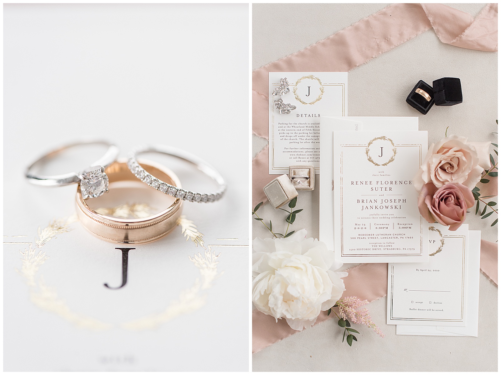 wedding rings stacked neatly and wedding invitation displayed with flowers and rings and blush fabric strips