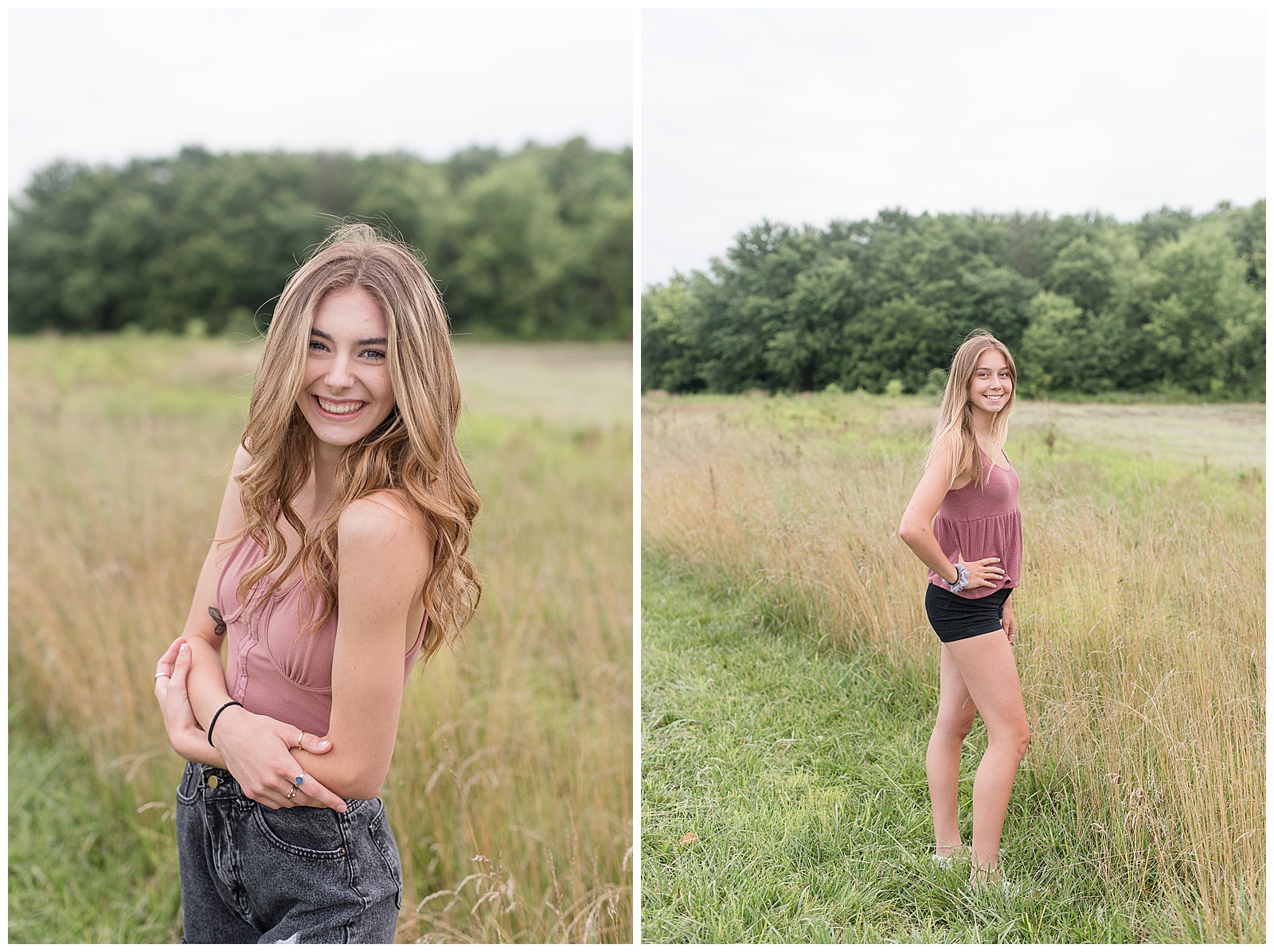 two senior girls each wearing mauve tank top and black bottoms smiling standing beside tall grasses