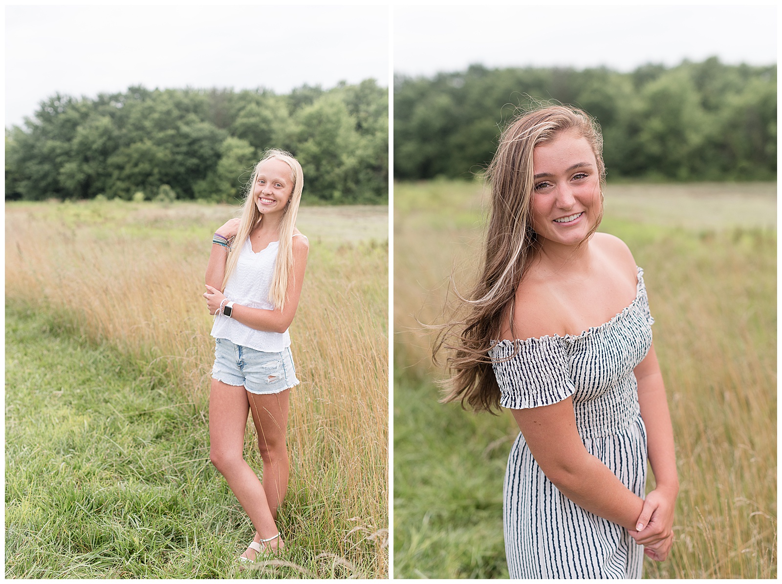 two senior girls wearing summery outfits angled towards camera smiling near field of tall grasses
