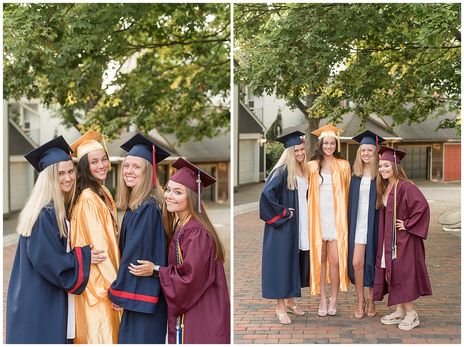 four senior girls facing camera with arms around each other in caps and gowns on sunny evening