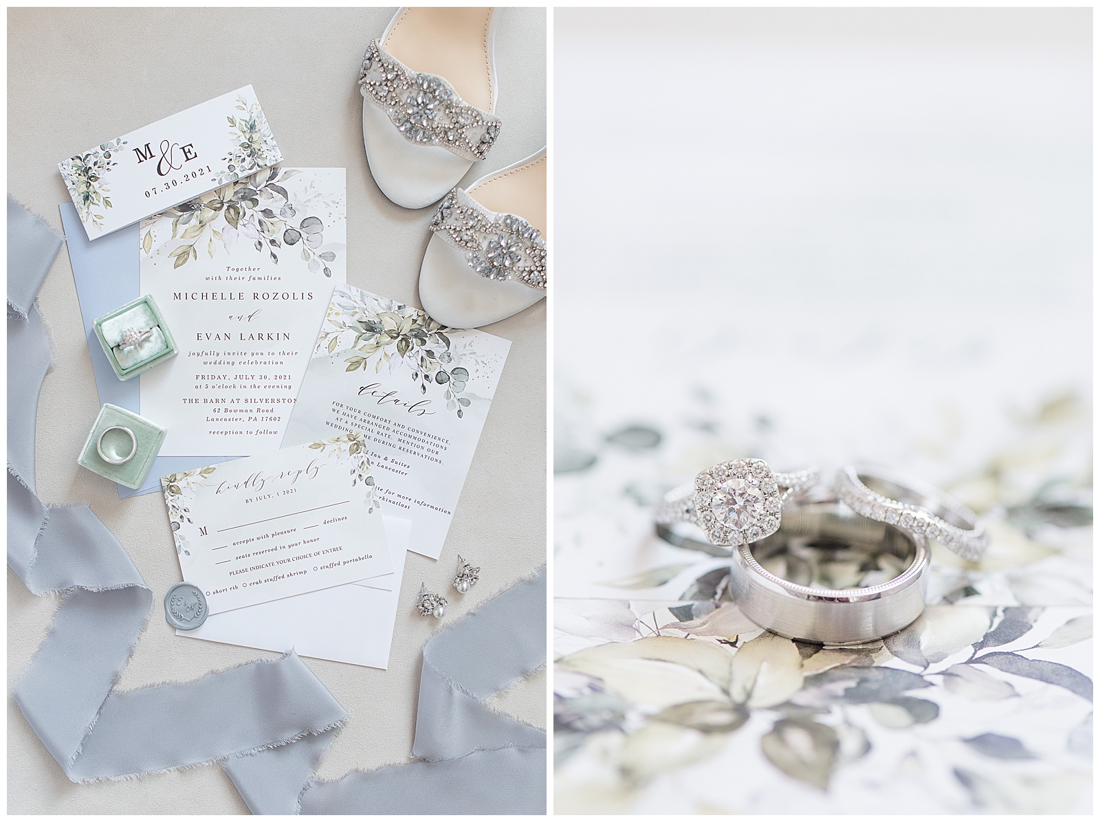 wedding invitation, bride's shoes, and wedding rings all on display with blue florals and blue ribbon