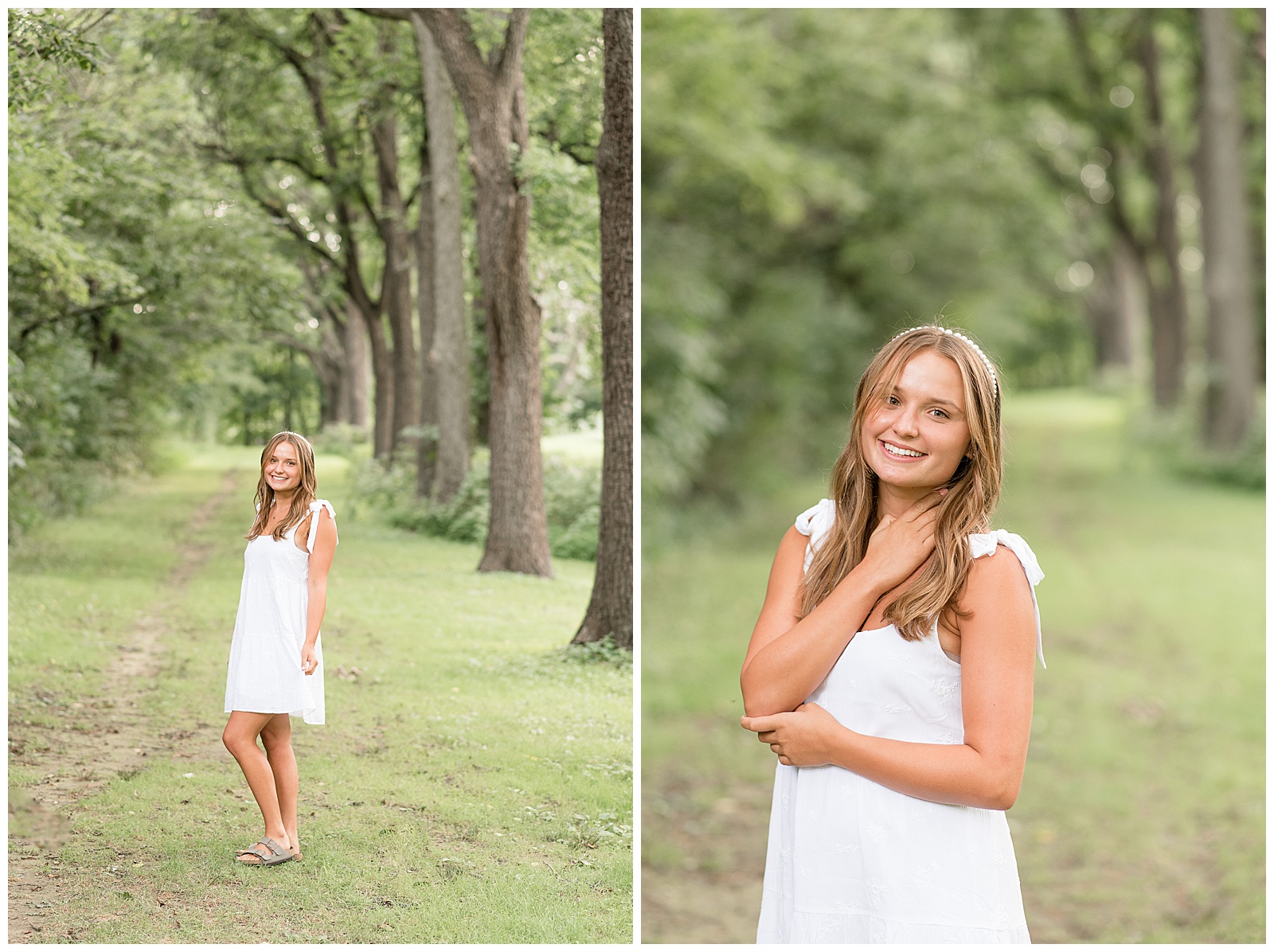 senior girl in cute sleeveless white summer dress smiling among trees at park