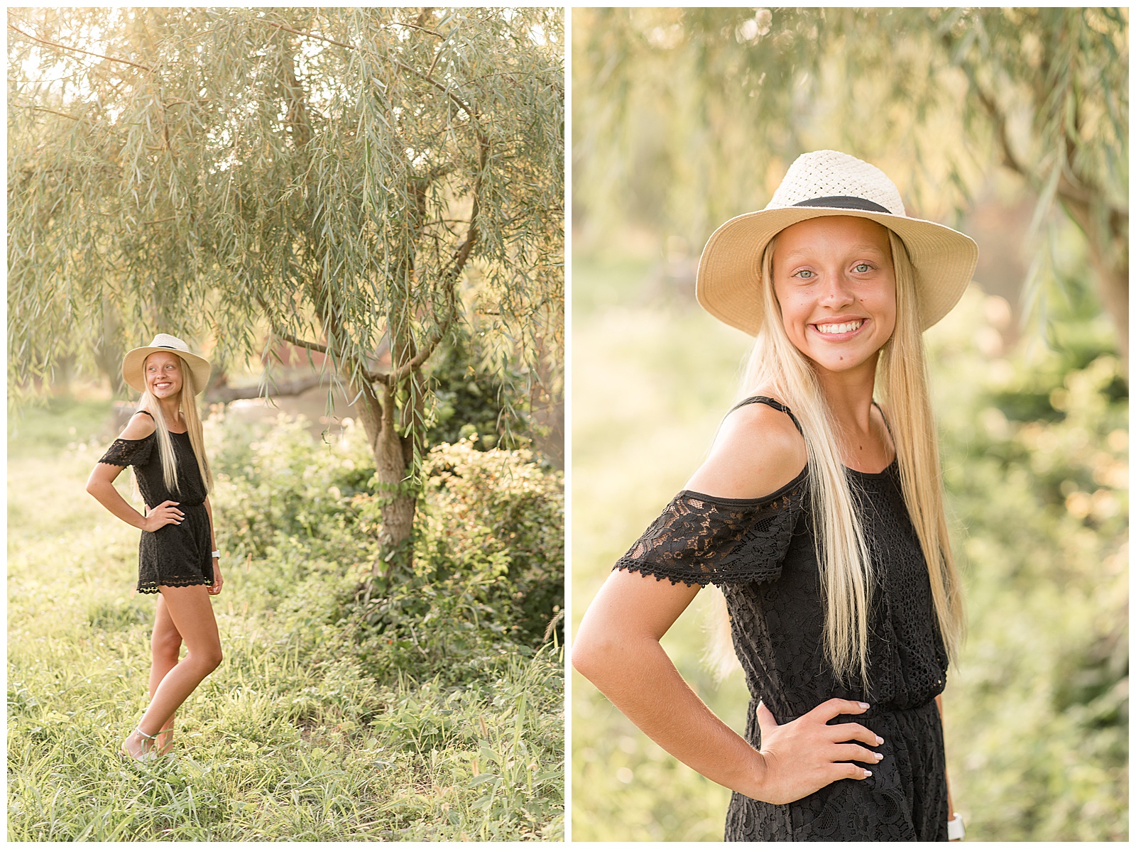senior girl wearing cute black summer dress with trendy had smiles with right shoulder toward camera by willow tree