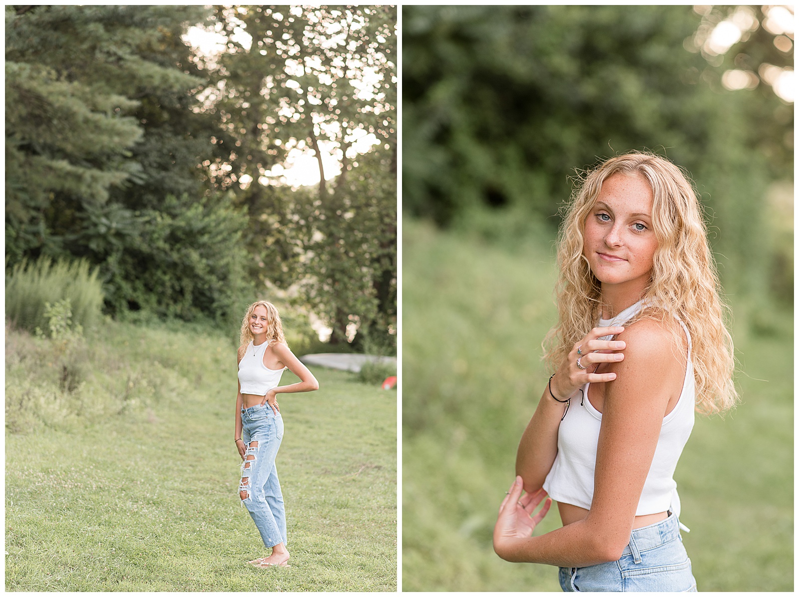 senior girl wearing white midi tank top and blue jeans with left shoulder toward camera as she smiles standing in grass