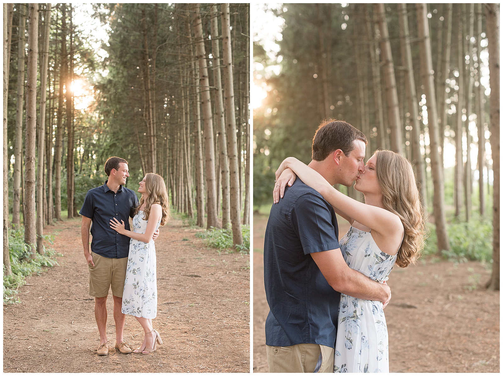 engaged couple standing close on sunny summer evening among pine tree grove at park