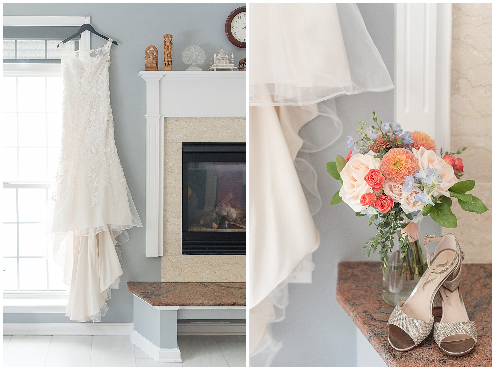 beautiful white wedding gown hanging beside fireplace against light blue wall along with other wedding details