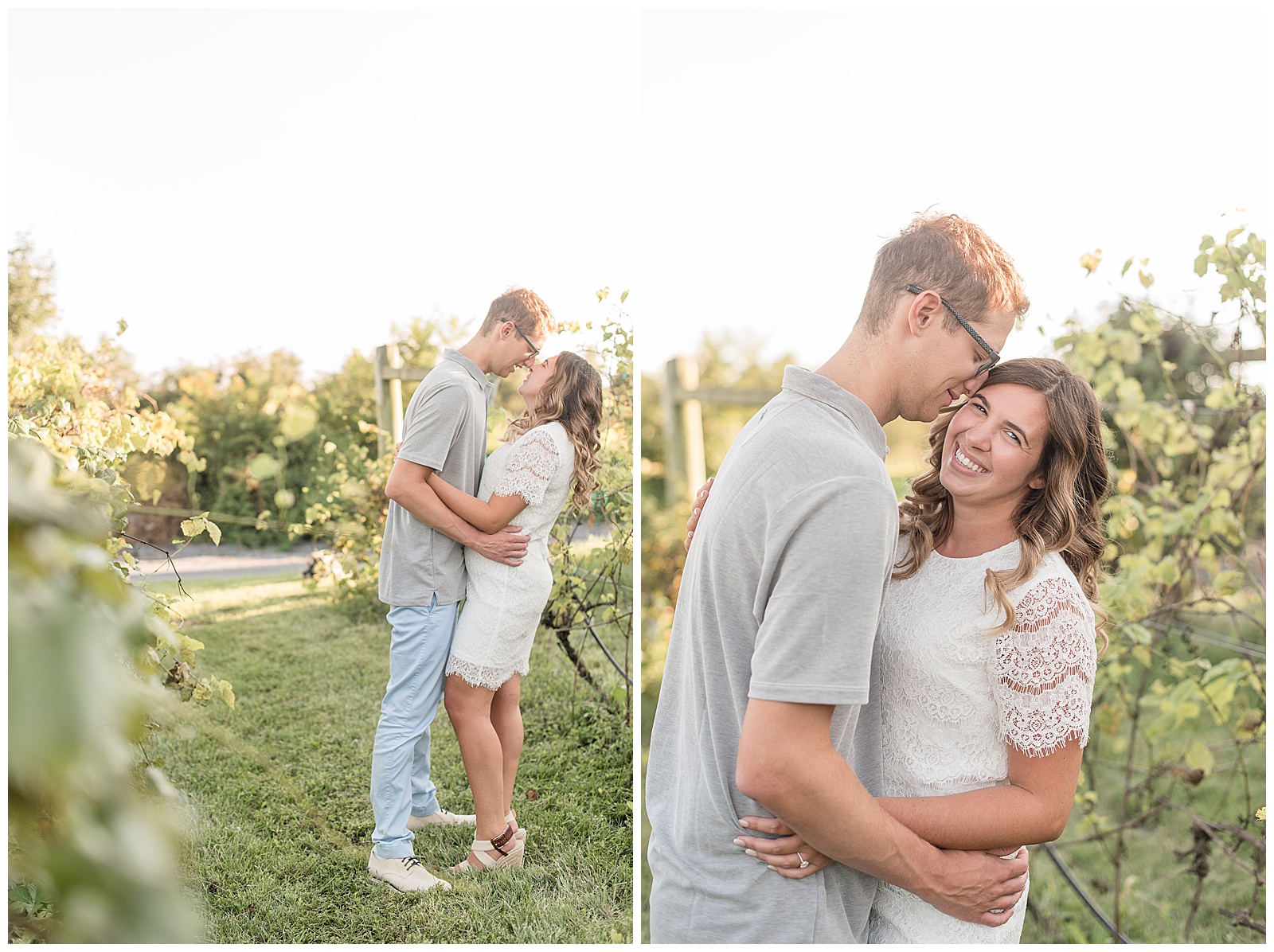 engaged couple hugging tightly and smiling on a sunny evening along row of vineyard vines in pennsylvania