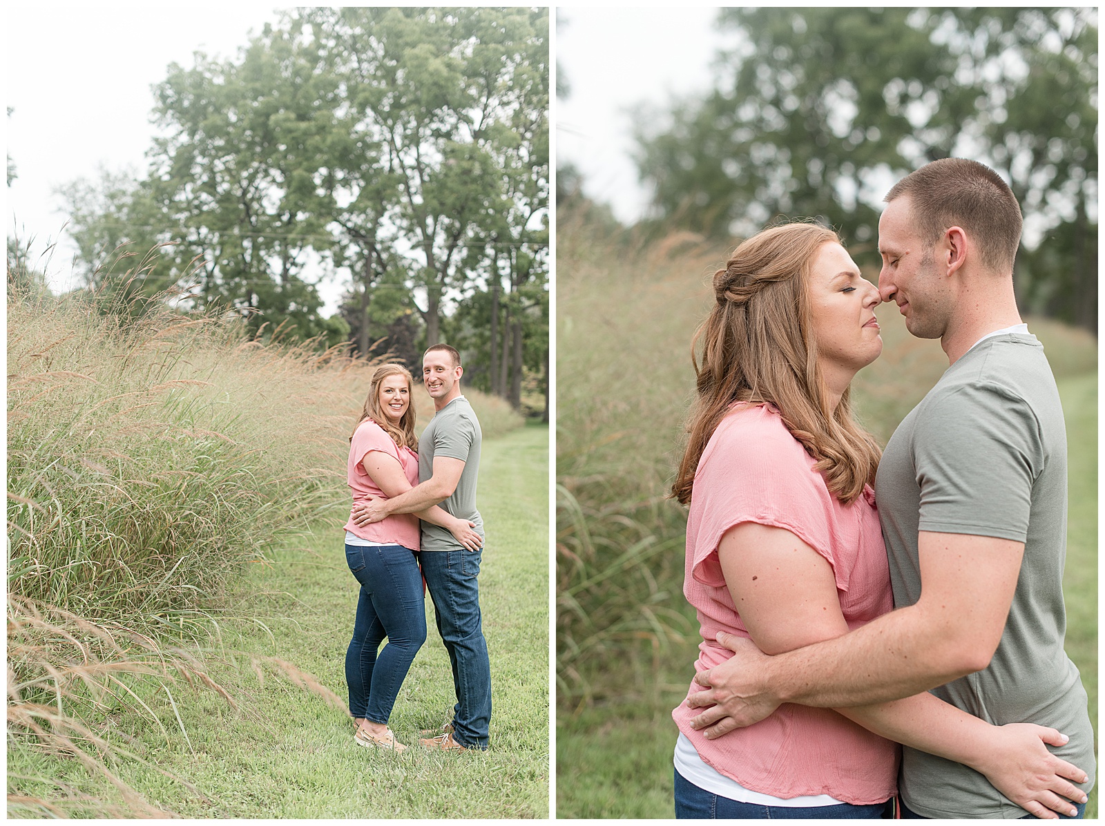 engaged couple hugging tightly in grass pathway in between tall wild grasses on cloudy evening in the summertime