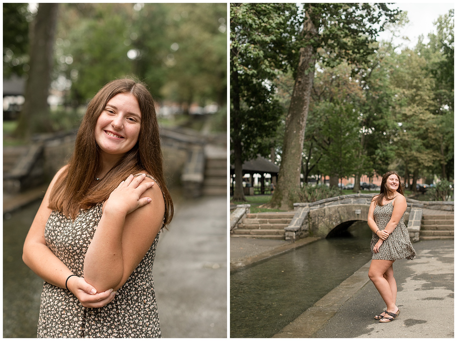 senior girl with left hand touching left shoulder and right hand holding left elbow smiling at camera on overcast summer evening