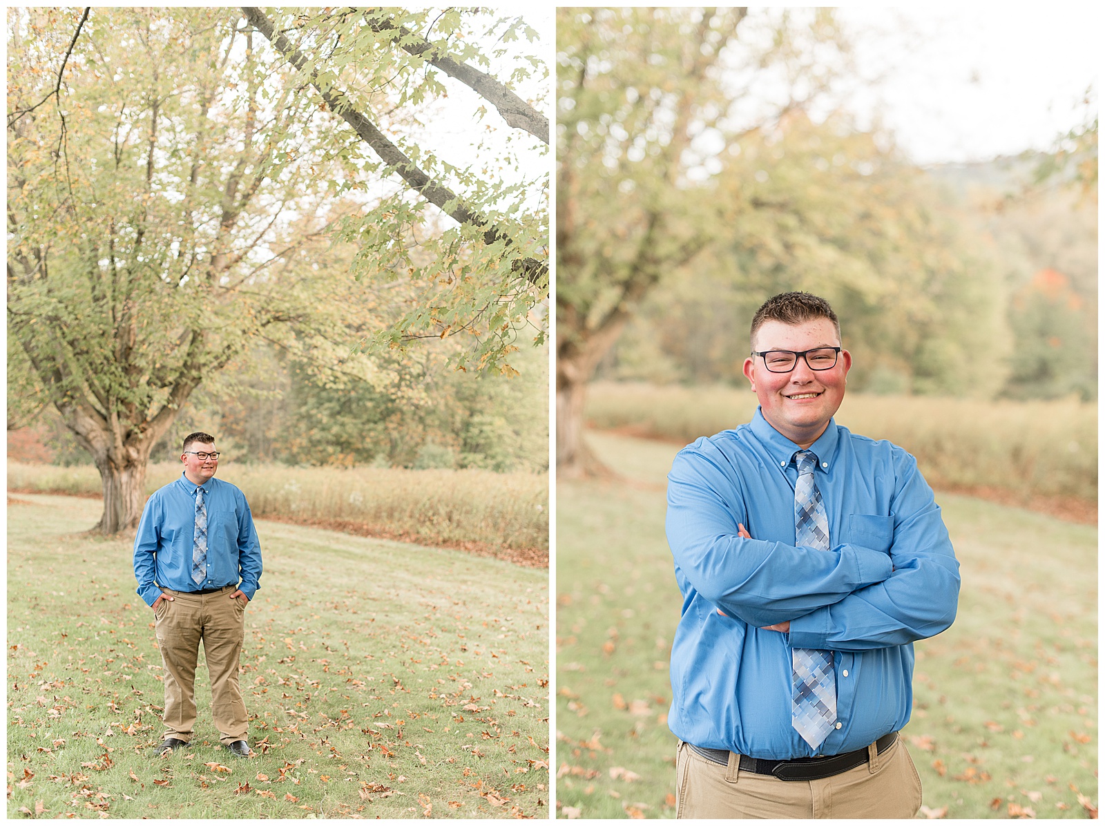 senior guy wearing bright blue dress shirt with tie and khaki pants standing in grass with hands in pockets smiling