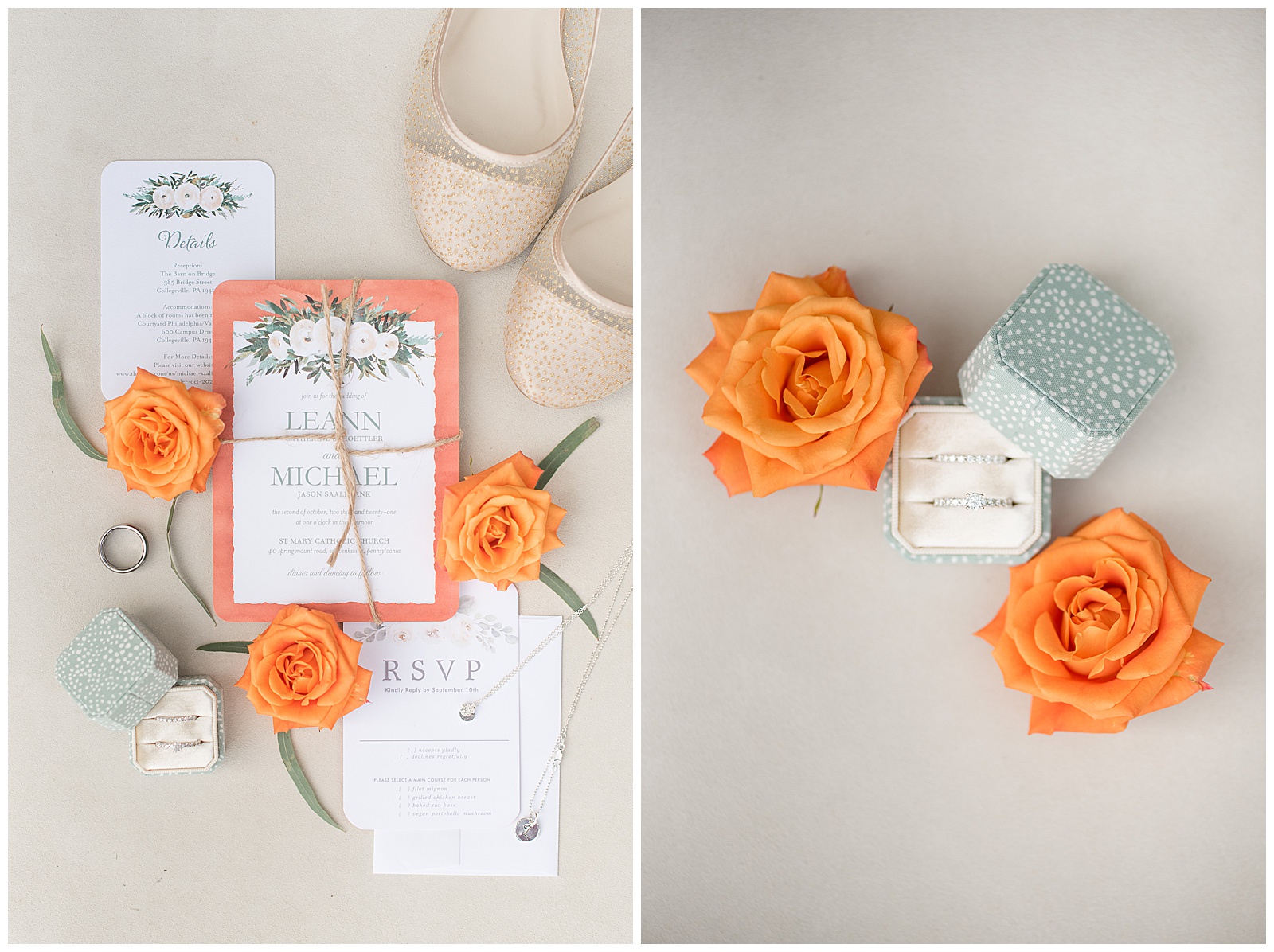 wedding invitation cards displayed with bright orange roses and bride's shoes