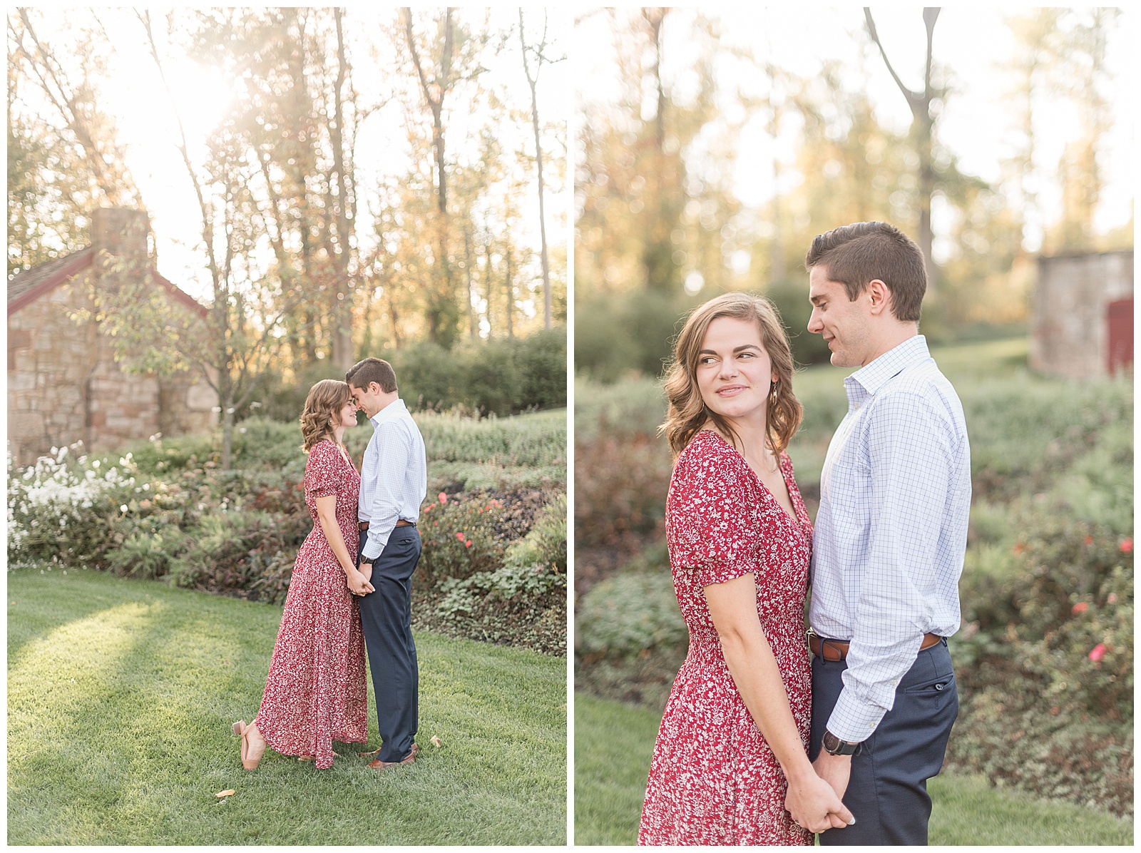 engaged couple holding hands facing each other on sunny fall evening on manicured lawn by beautiful flowerbed